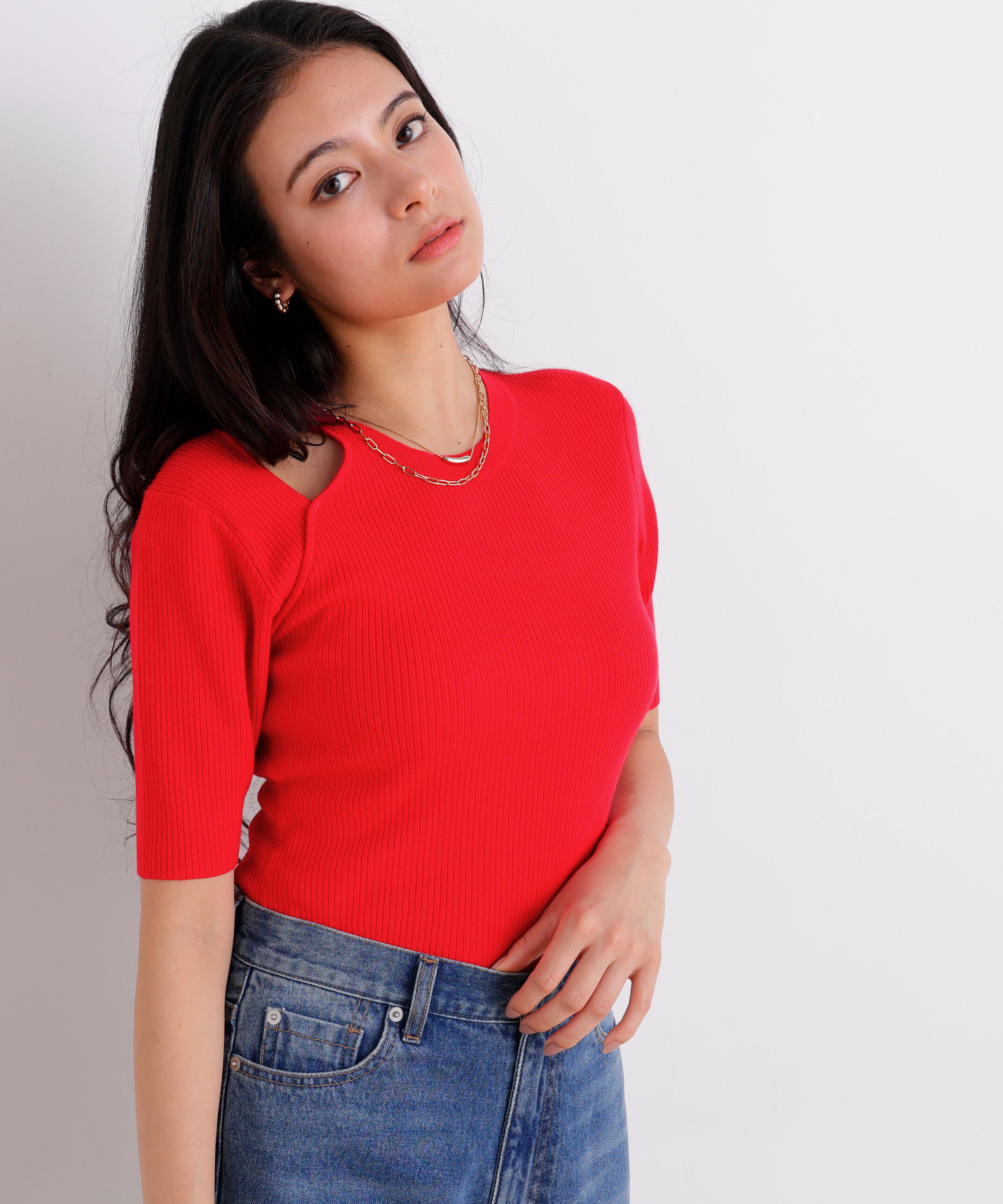  「［美香さん着用］カッティングニットプルオーバー」|ニット・セーター|レッド