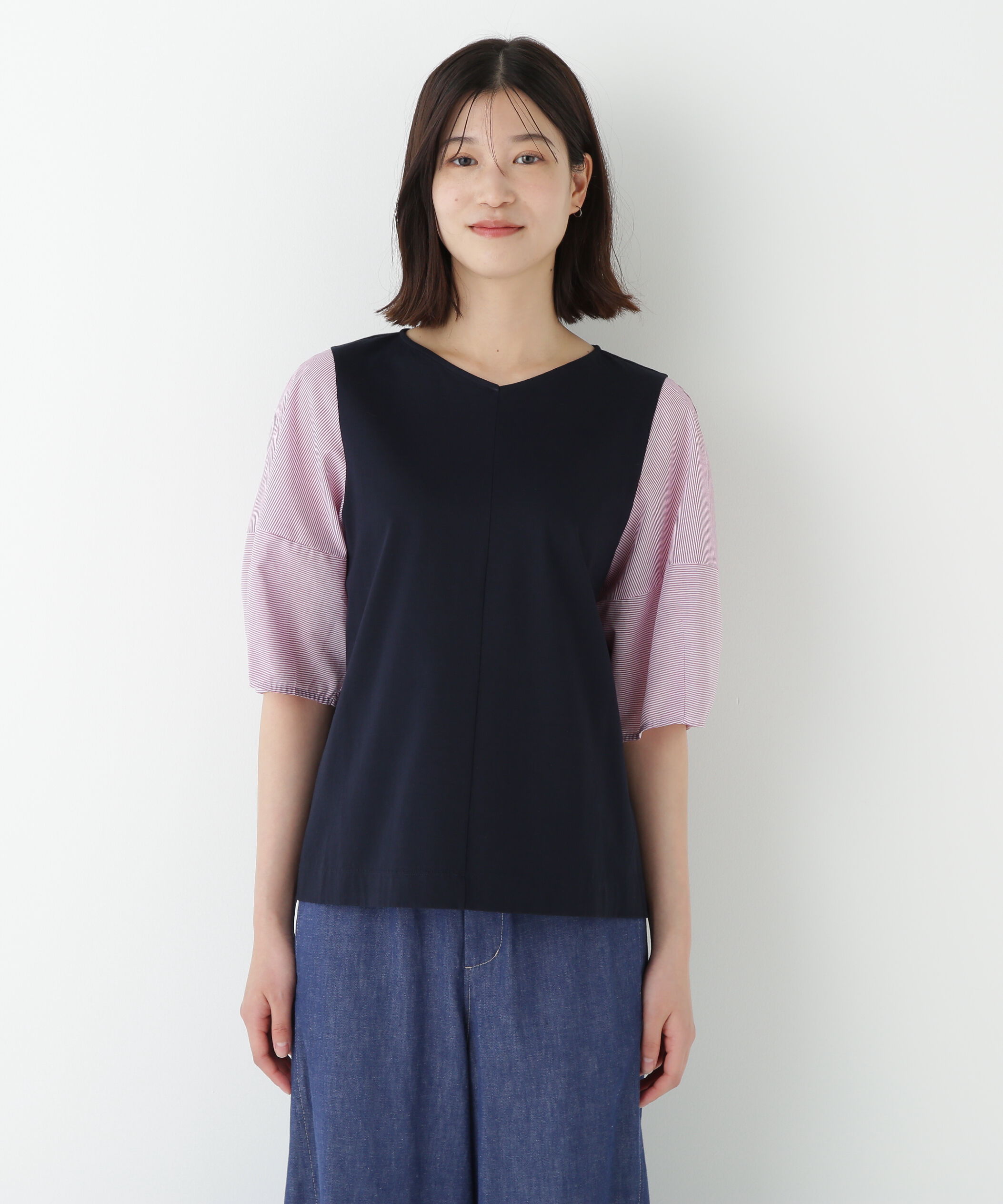  「◆シアーストライプドッキングＶネックカットソープルオーバー」|Tシャツ・カットソー|