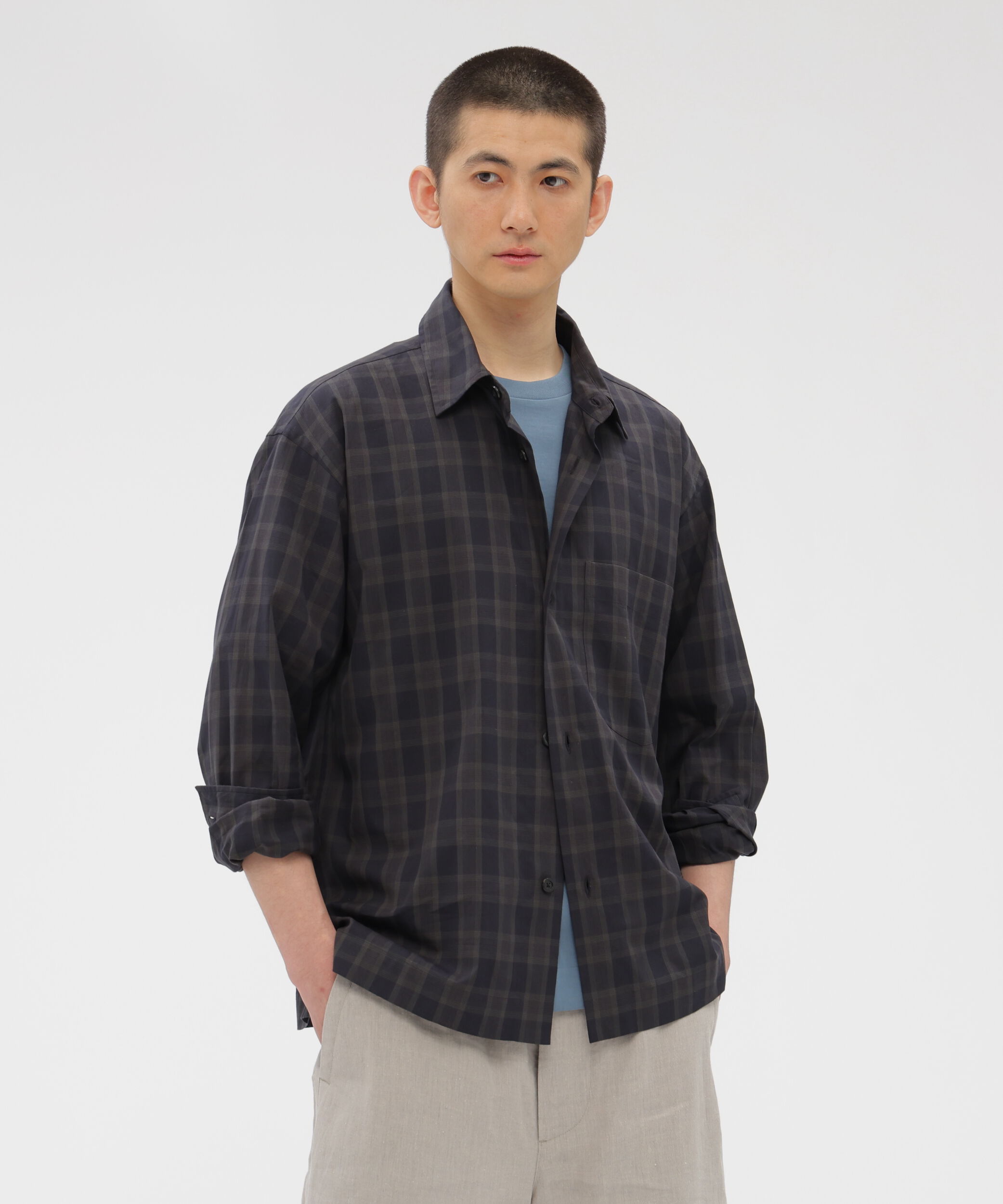 MARGARET HOWELL「COTTON VOILE CHECK SHIRT」|シャツ・ブラウス|DARK NAVY1