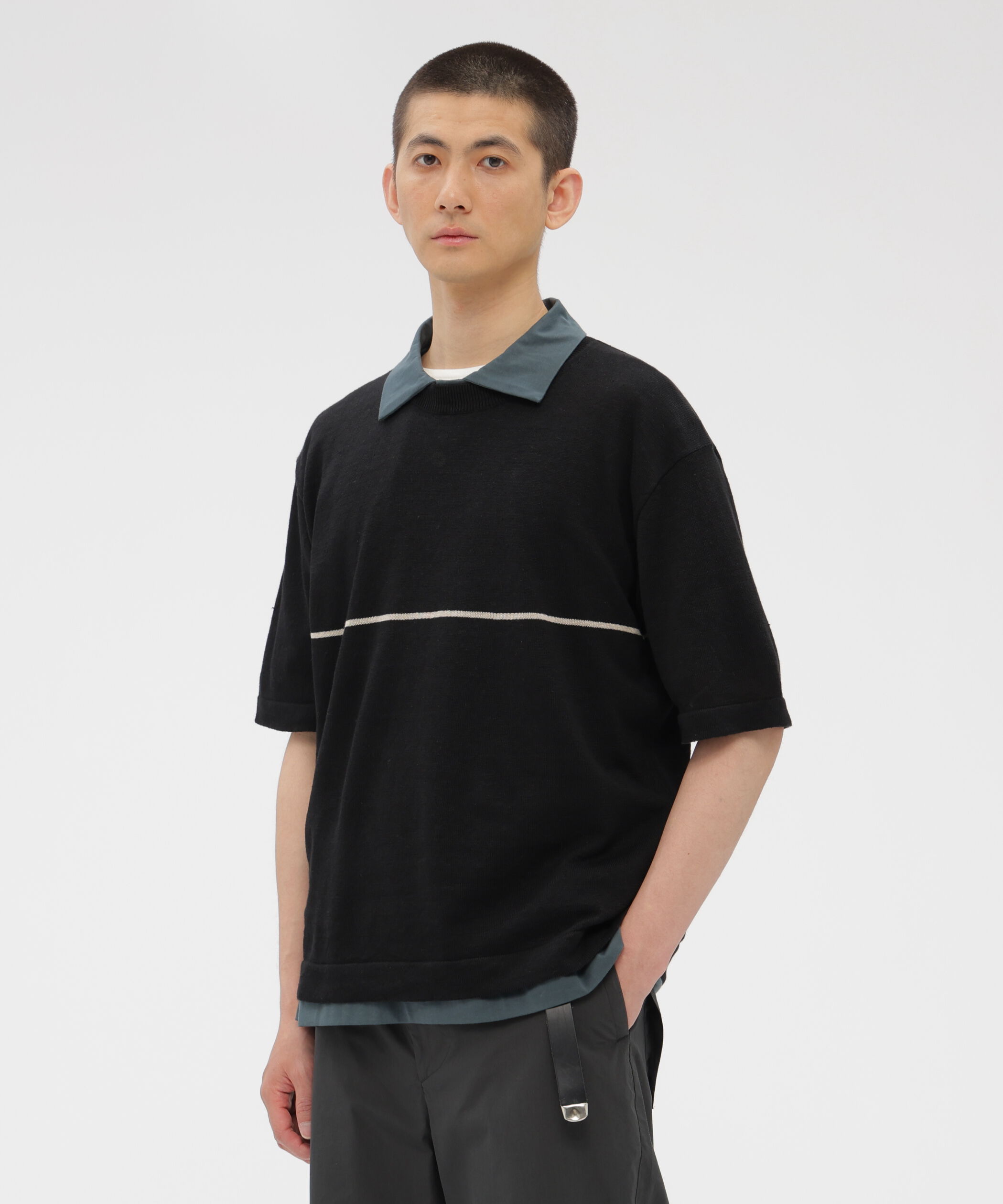 MARGARET HOWELL「LINEN COTTON SINGLE STRIPE KNITWEAR」|ニット・セーター|BLACK