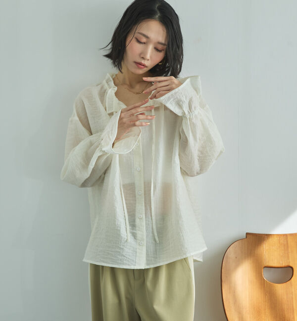 Doux archives「シアーストライプスタンドフリルブラウス」|シャツ・ブラウス|OFF WHITE