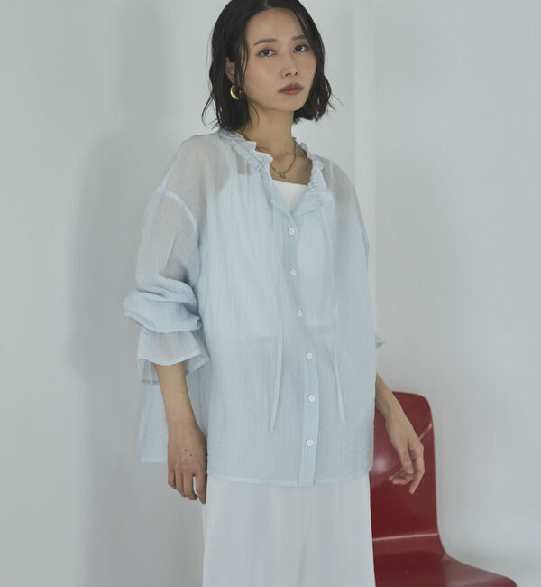Doux archives「シアーストライプスタンドフリルブラウス」|シャツ・ブラウス|