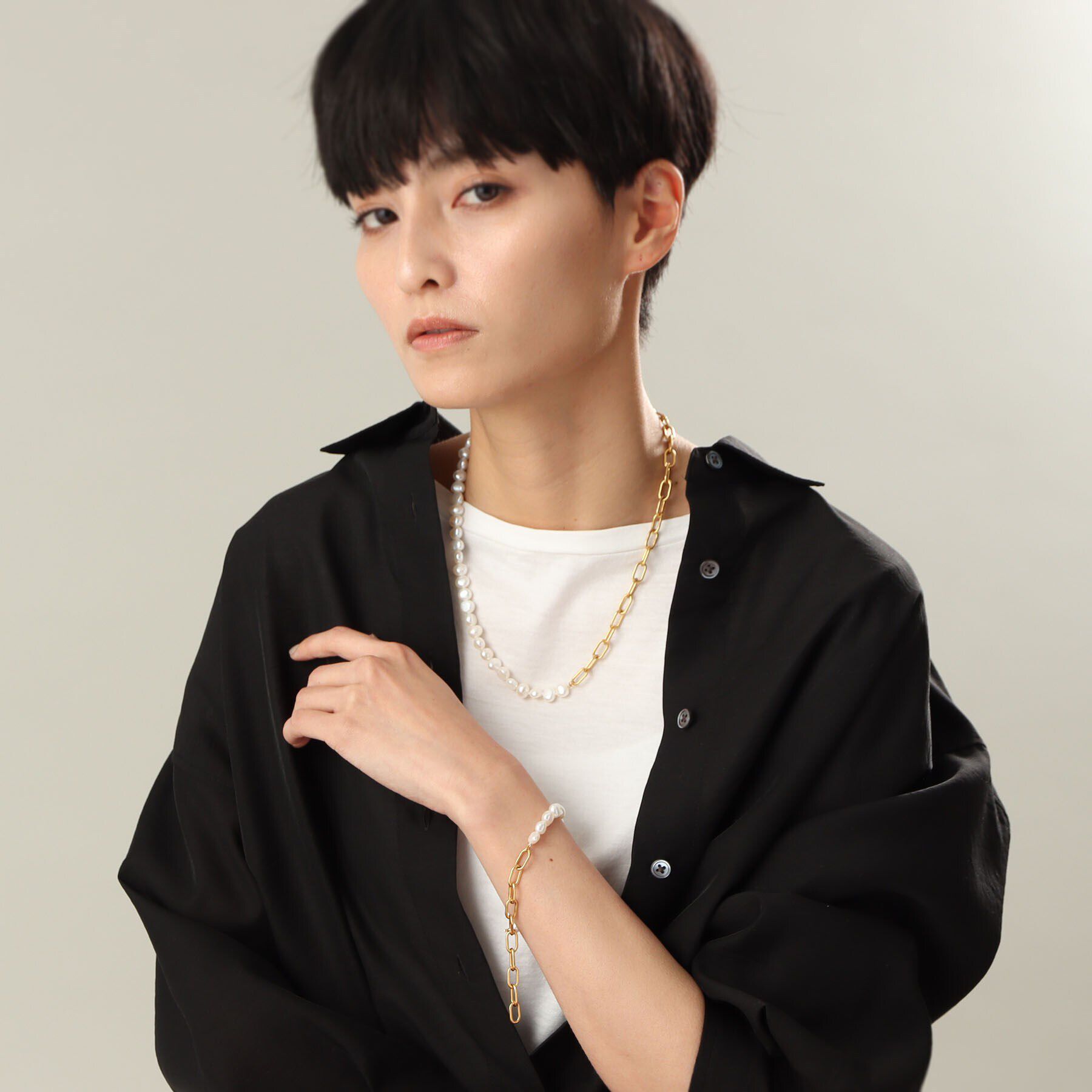 COCOSHNIK ONKITSCH「シルバー バロックパール チェーンミックス ブレスレットＬ GP」|ブレスレット・バングル|