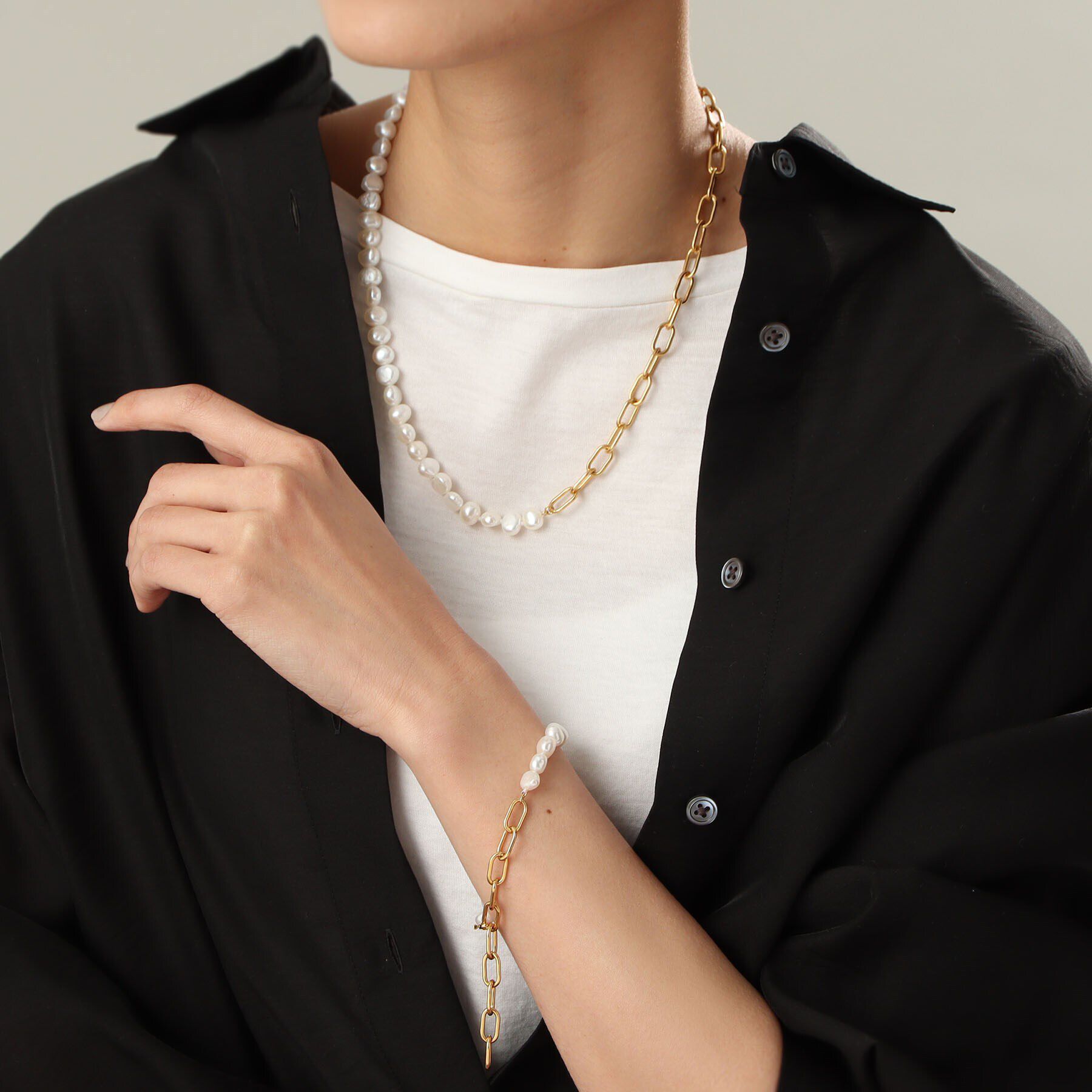 COCOSHNIK ONKITSCH「シルバー バロックパール チェーンミックス ブレスレットＬ GP」|ブレスレット・バングル|