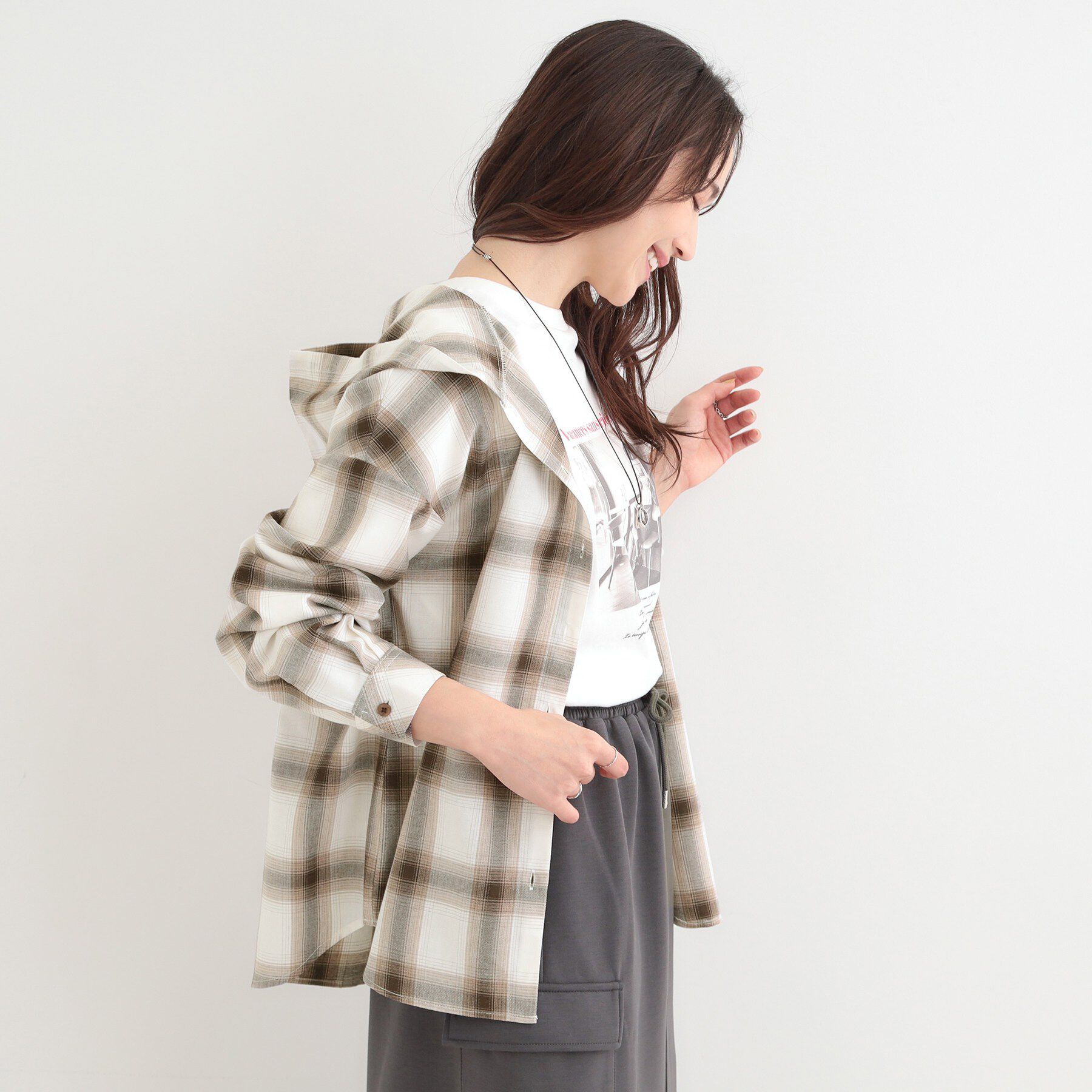 SHOO･LA･RUE「【洗濯機可】涼しげで軽やかな チェックシャツパーカ」|シャツ・ブラウス|