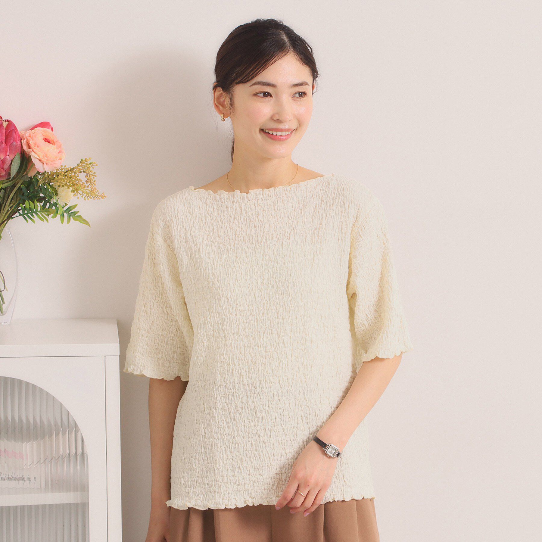 ITS&rsquo;DEMO「【手洗い可】シャーリング5分袖プルオーバー」|Tシャツ・カットソー|