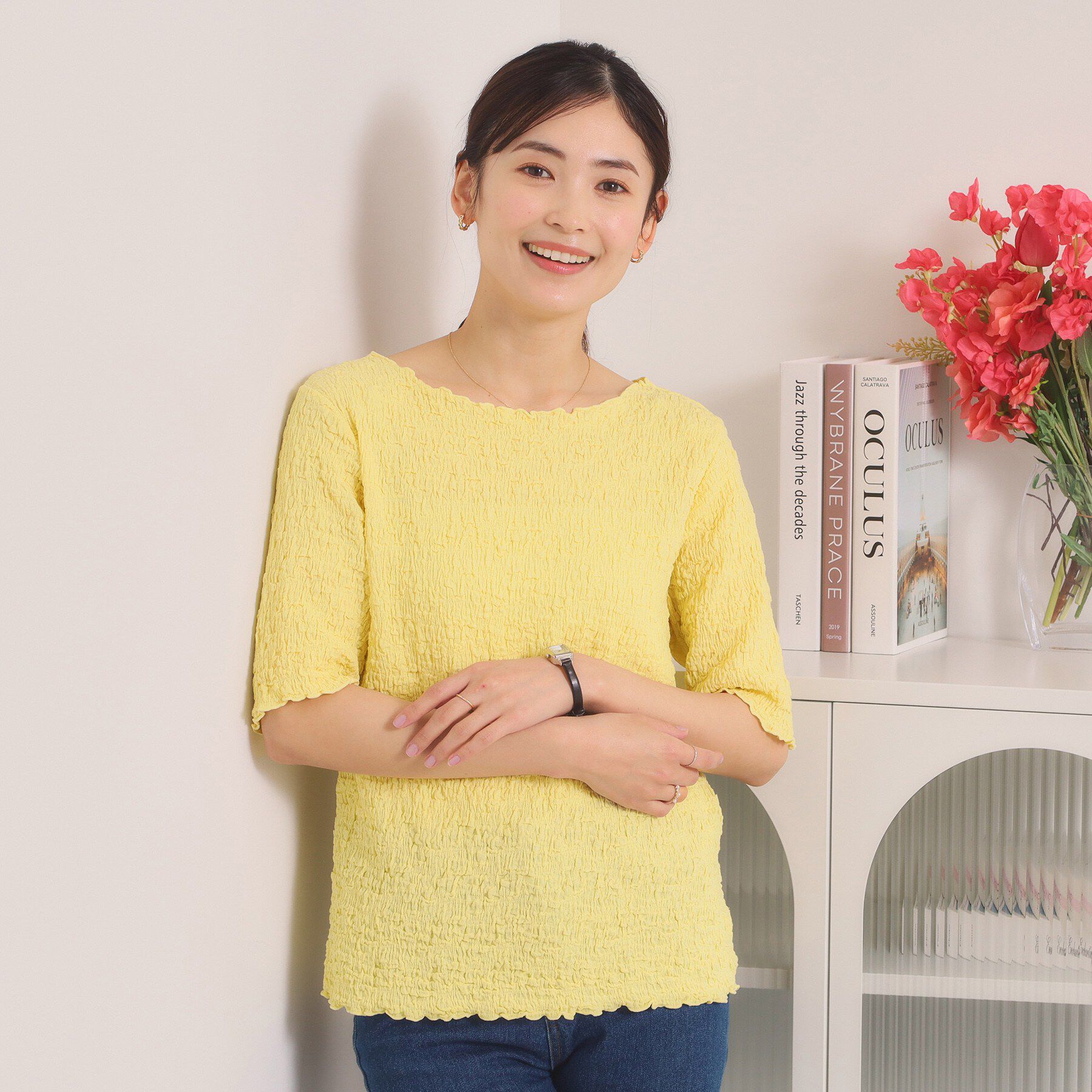 ITS&rsquo;DEMO「【手洗い可】シャーリング5分袖プルオーバー」|Tシャツ・カットソー|ライトイエロー(03