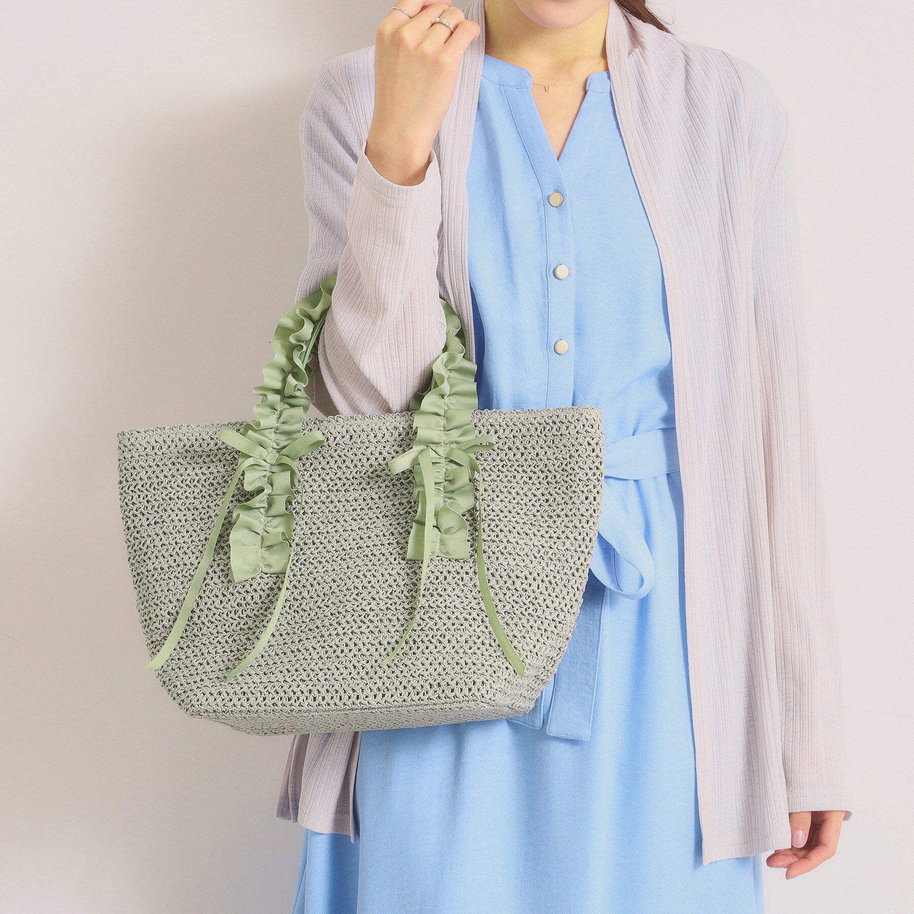 ITS&rsquo;DEMO「雑材フリルハンドルトート」|トートバッグ|ミントグリーン(02