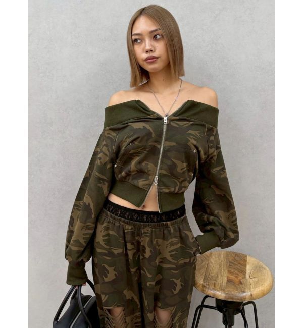 EVRIS「フロントジップオフショルスウェットトップス【セットアップ着用可能】」|スウェット・ジャージ|