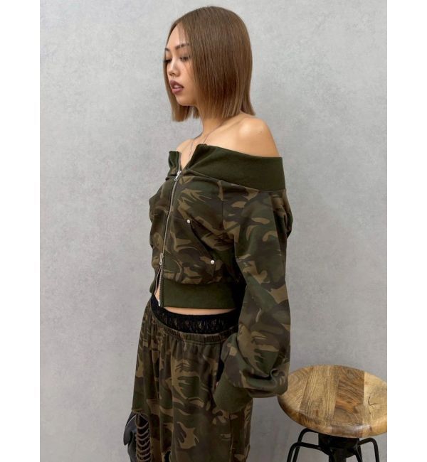 EVRIS「フロントジップオフショルスウェットトップス【セットアップ着用可能】」|スウェット・ジャージ|