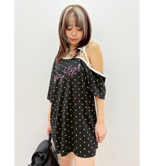 EVRIS「ラインストーンワンショルグラフィックトップス」|Tシャツ・カットソー|ブラック