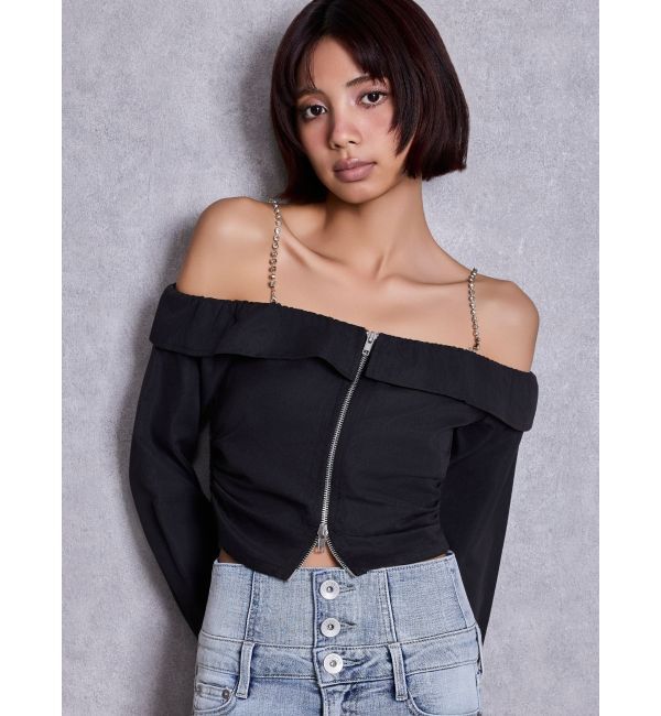 GYDA「bijou chainフロントZIPオフショルブラウス」|シャツ・ブラウス|