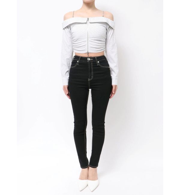 GYDA「bijou chainフロントZIPオフショルブラウス」|シャツ・ブラウス|