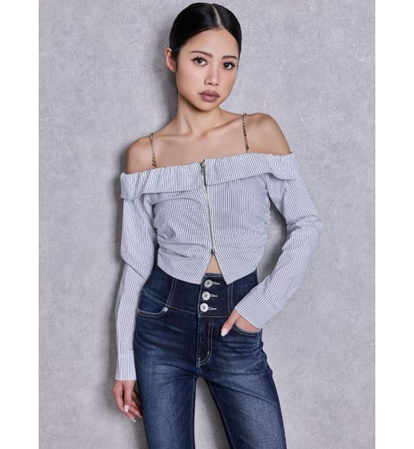 GYDA「bijou chainフロントZIPオフショルブラウス」|シャツ・ブラウス|