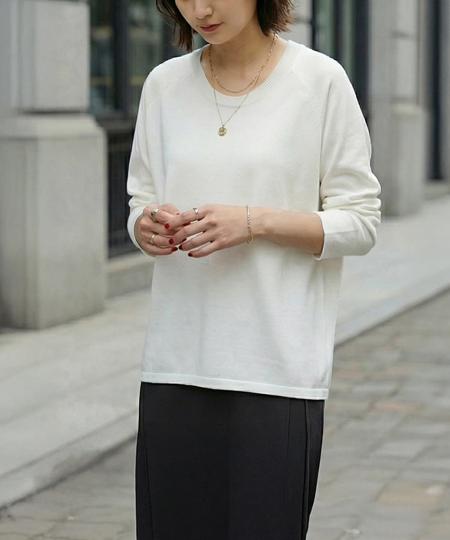 STYLE DELI「サラッと綿混Uネックニットトップス」|ニット・セーター|ホワイト