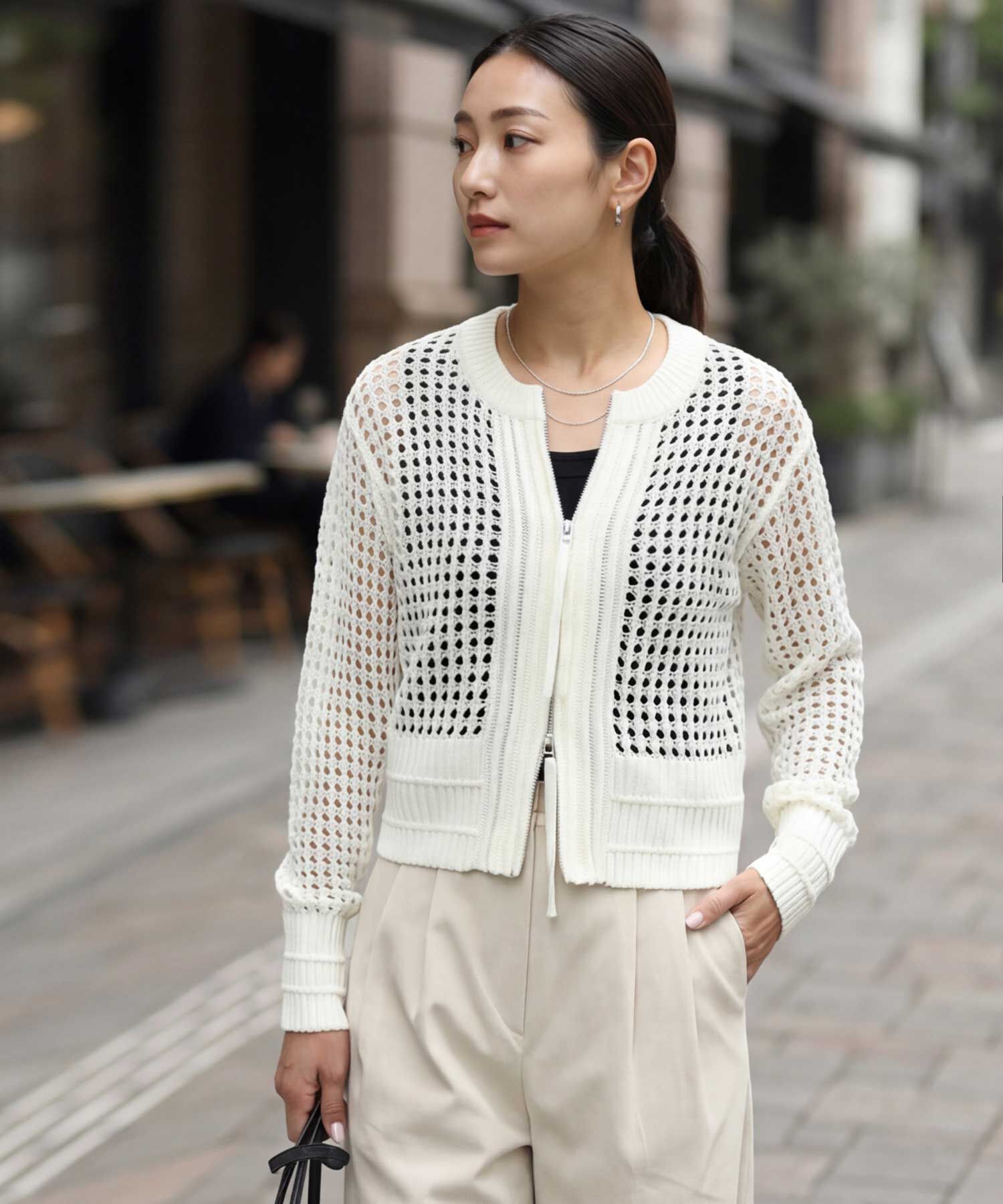 STYLE DELI「【selection】メッシュジップカーディガン」|カーディガン|ホワイト