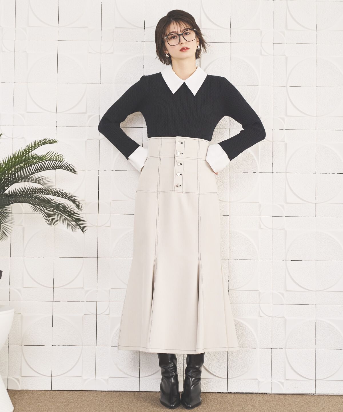 アンドクチュール「ハイウエストコルセットステッチスカート」|フレア|