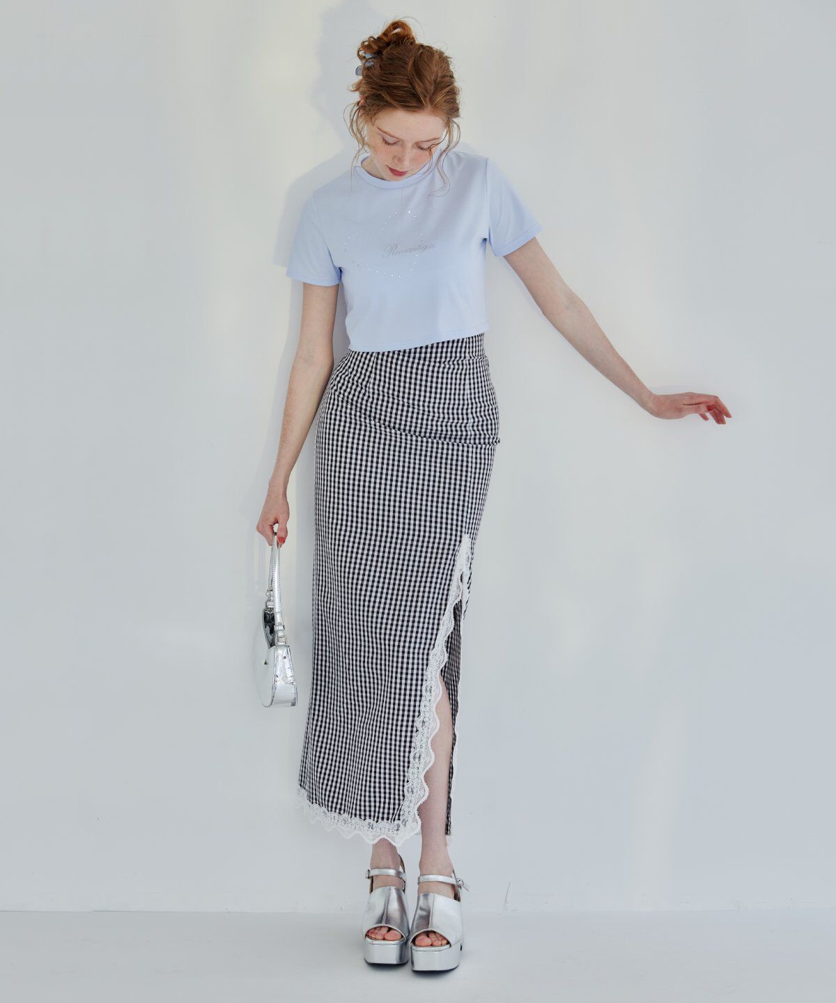 REDYAZEL「ギンガムチェックレーストリミングスカート」|タイト|ブラック