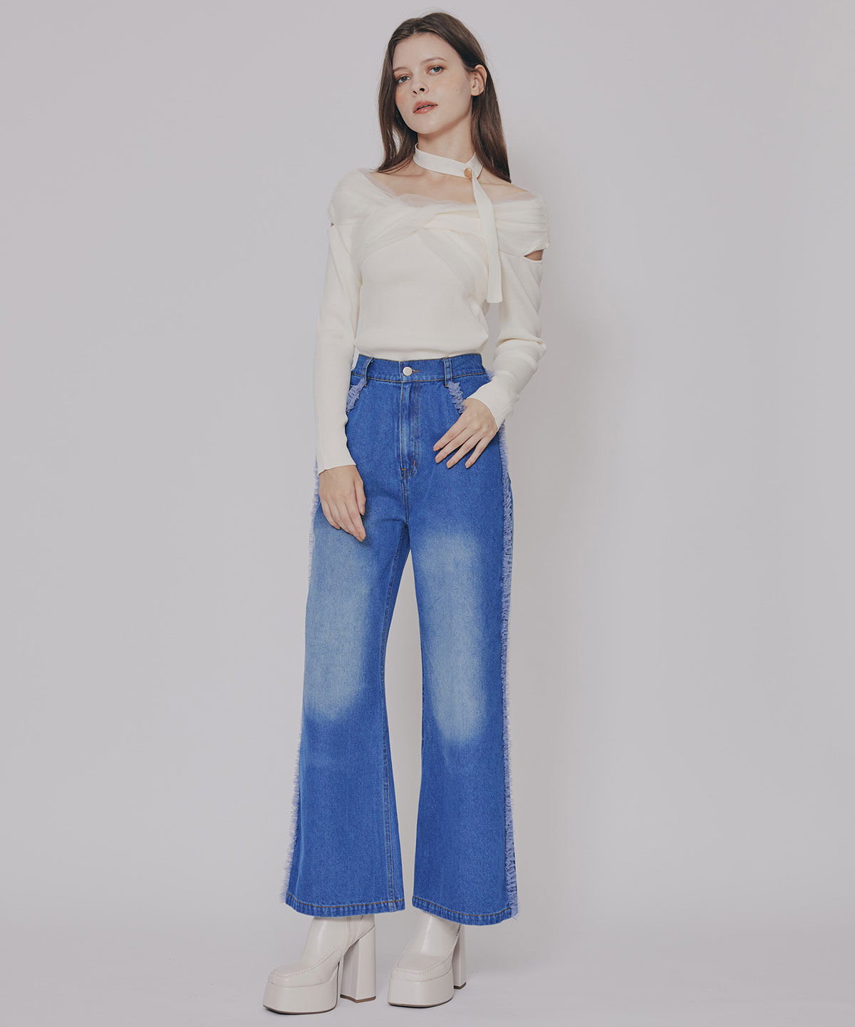 REDYAZEL「チョーカークロスチュールニットトップス」|ニット・セーター|