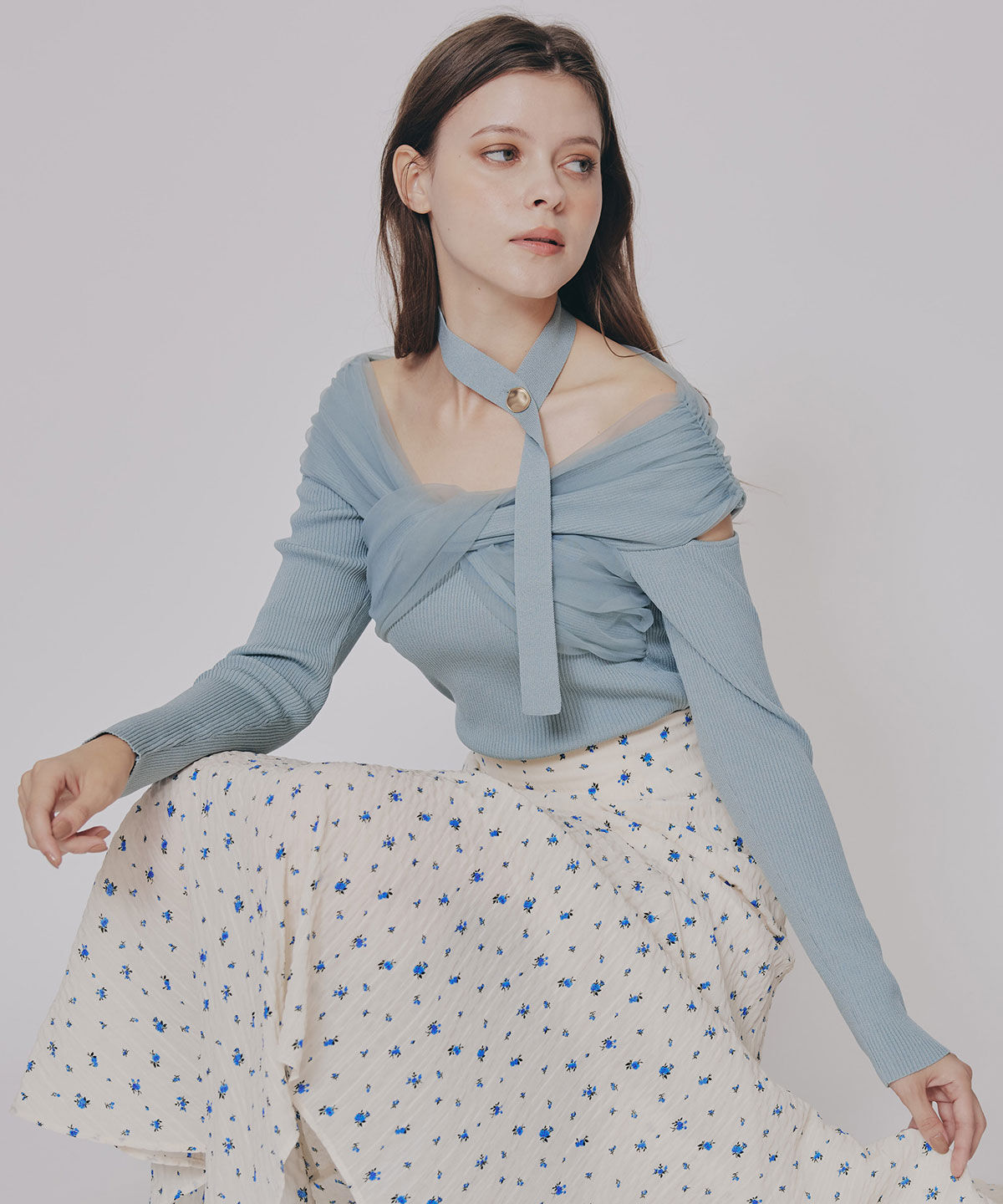 REDYAZEL「チョーカークロスチュールニットトップス」|ニット・セーター|