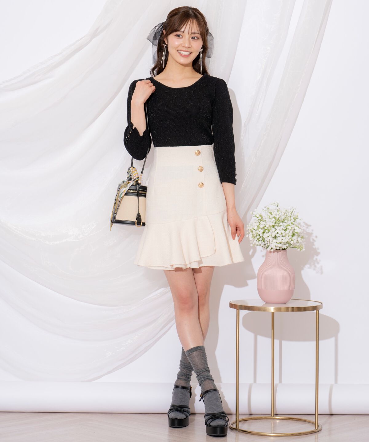 WILLSELECTION「袖フラワーラメ7分袖ニットプルオーバー」|ニット・セーター|