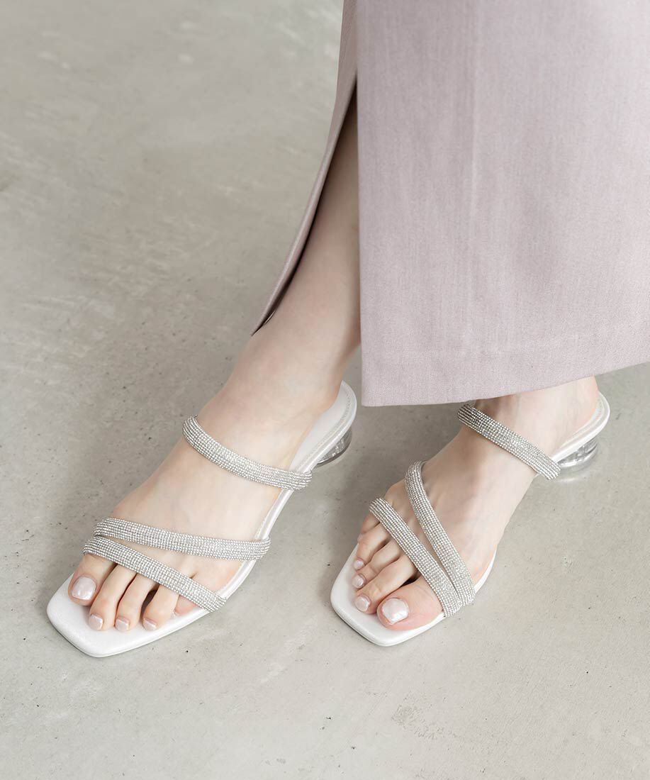  「クリアヒールビジューストラップサンダル」|サンダル|シルバー