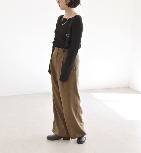 quaranciel「quaranciel:〈洗濯機可能〉チェック サスペンダー付 タック ワイド パンツ」|スラックス|ブラウン