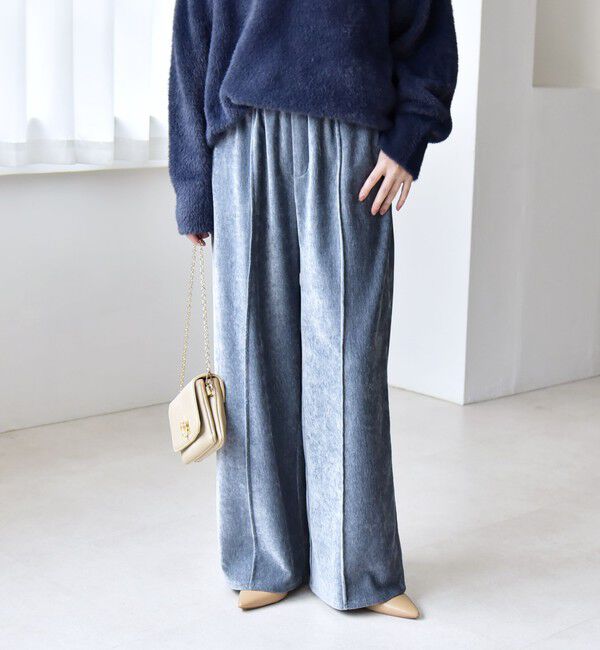 quaranciel「quaranciel:〈洗濯機可能〉ポリエステル ベロア ピンタック イージー ワイド パンツ」|その他|ブルー