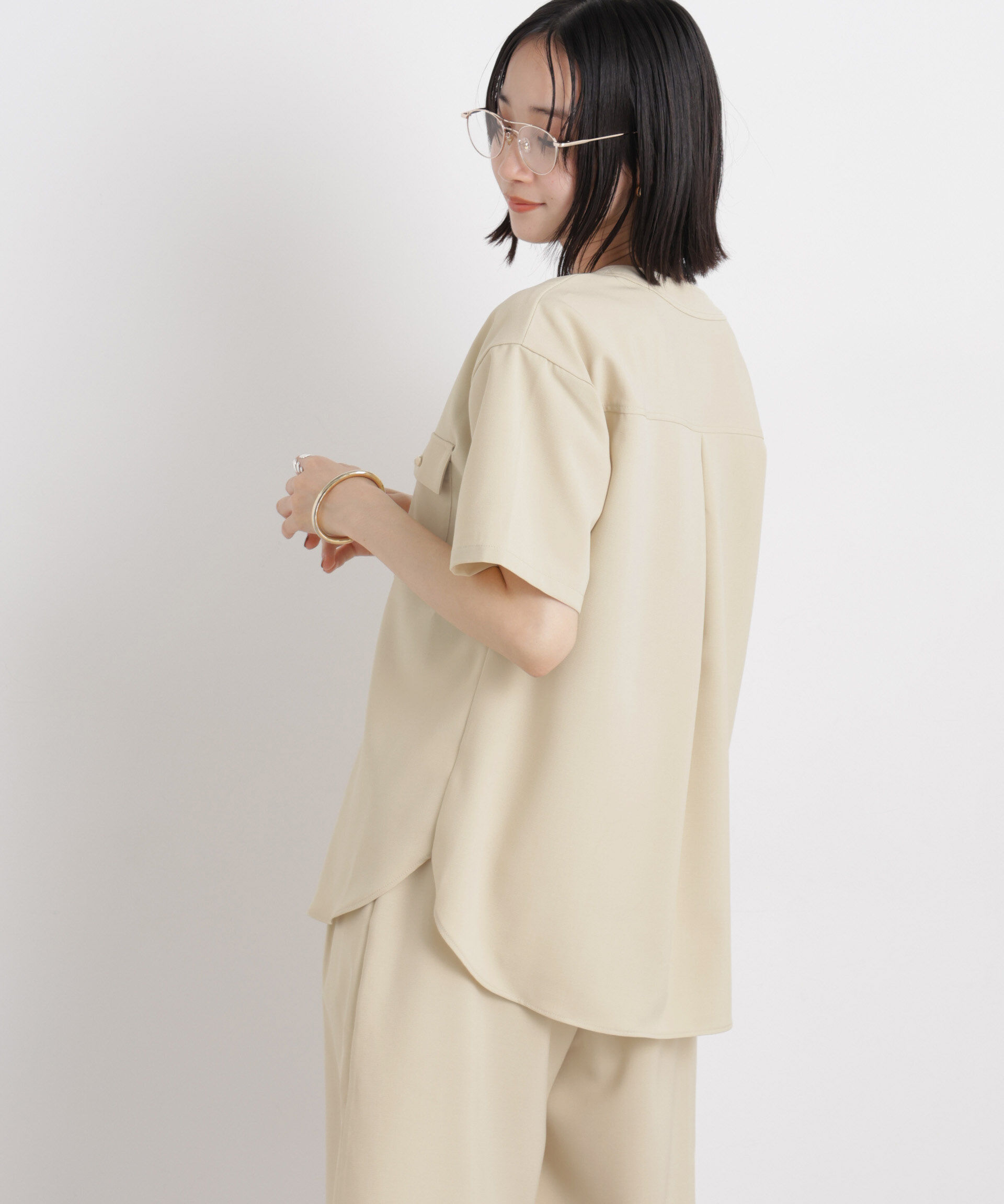 nano･universe「メランジストレッチポケットVネックブラウス(セットアップ可)」|シャツ・ブラウス|