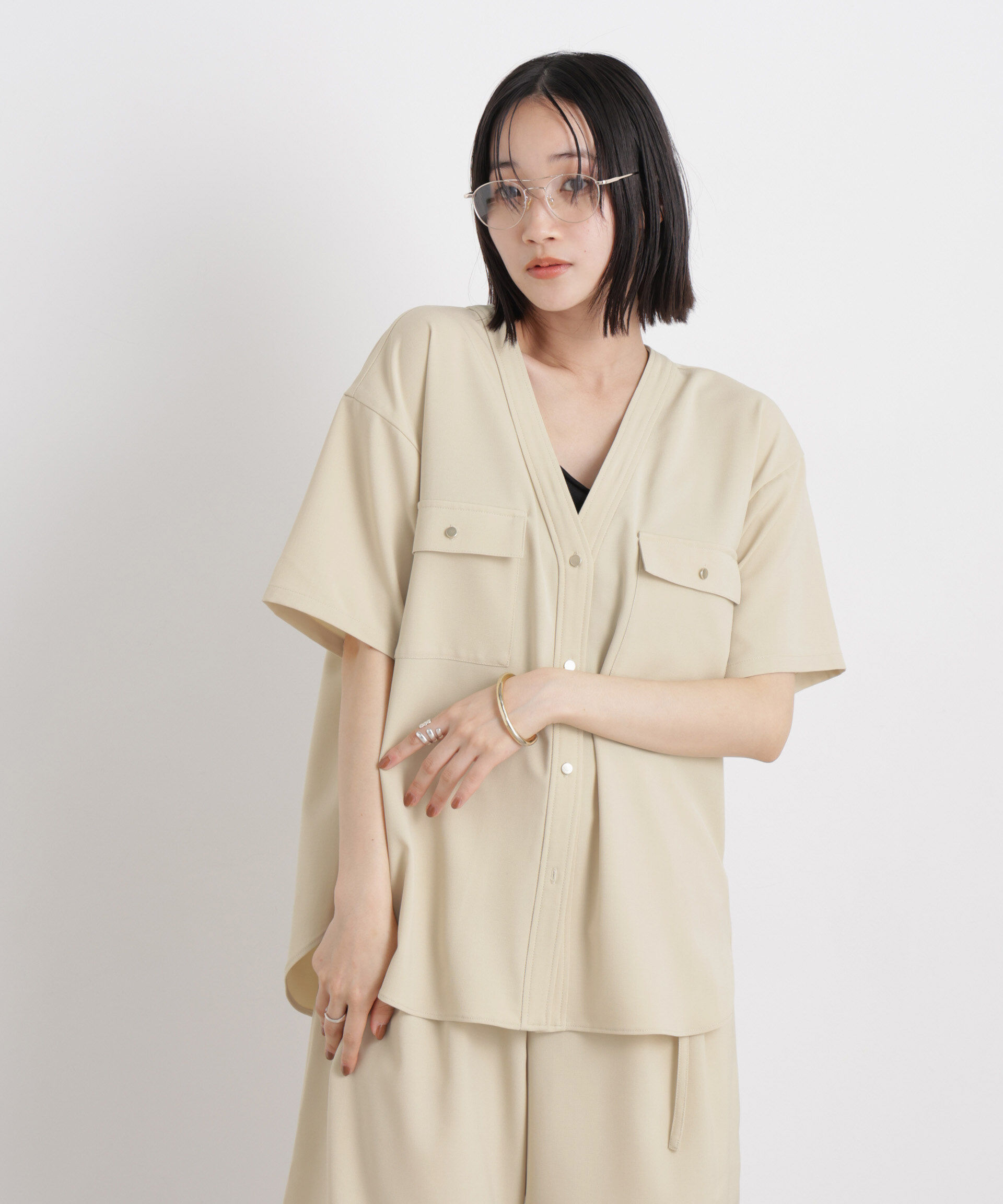 nano･universe「メランジストレッチポケットVネックブラウス(セットアップ可)」|シャツ・ブラウス|