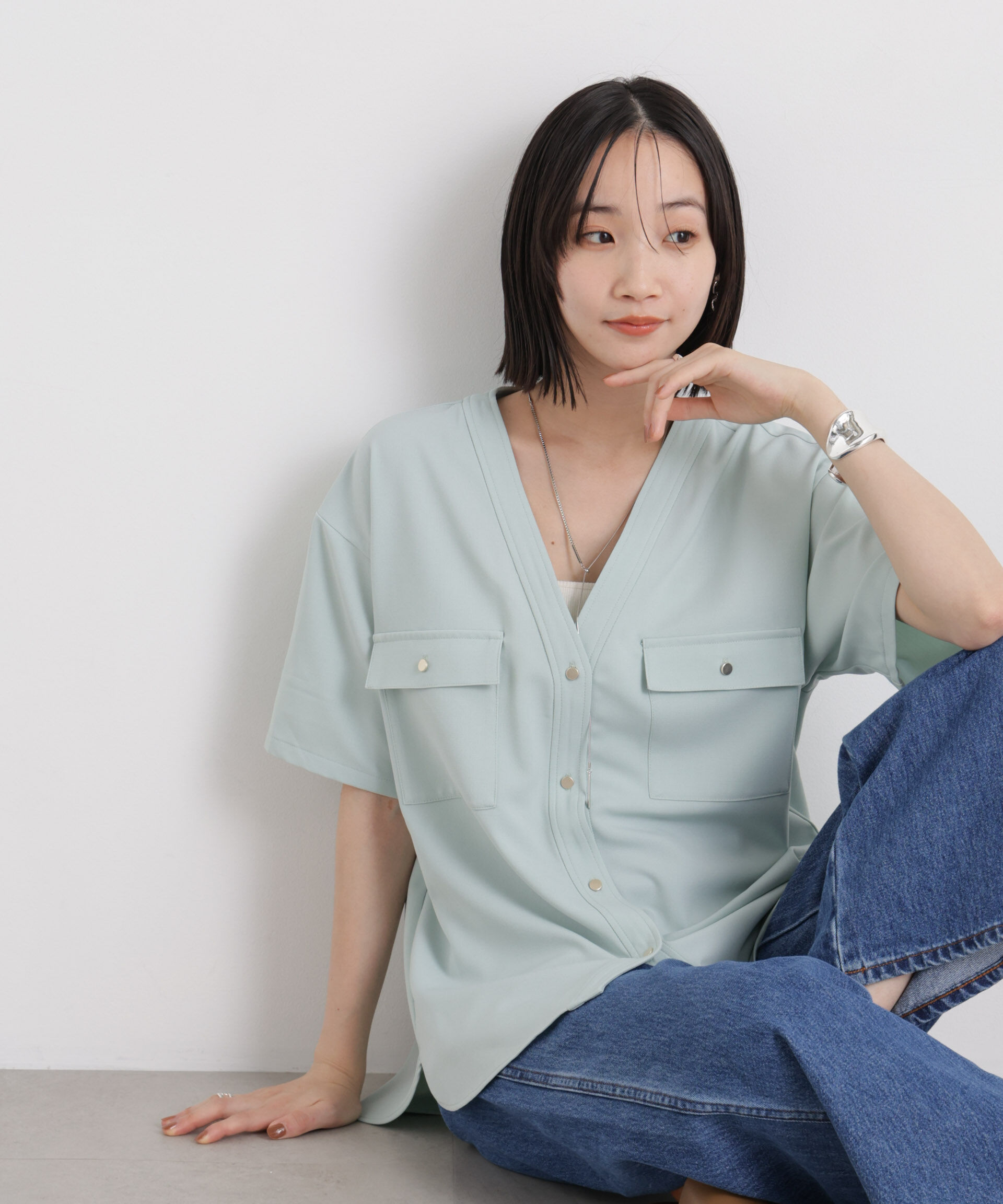 nano･universe「メランジストレッチポケットVネックブラウス(セットアップ可)」|シャツ・ブラウス|