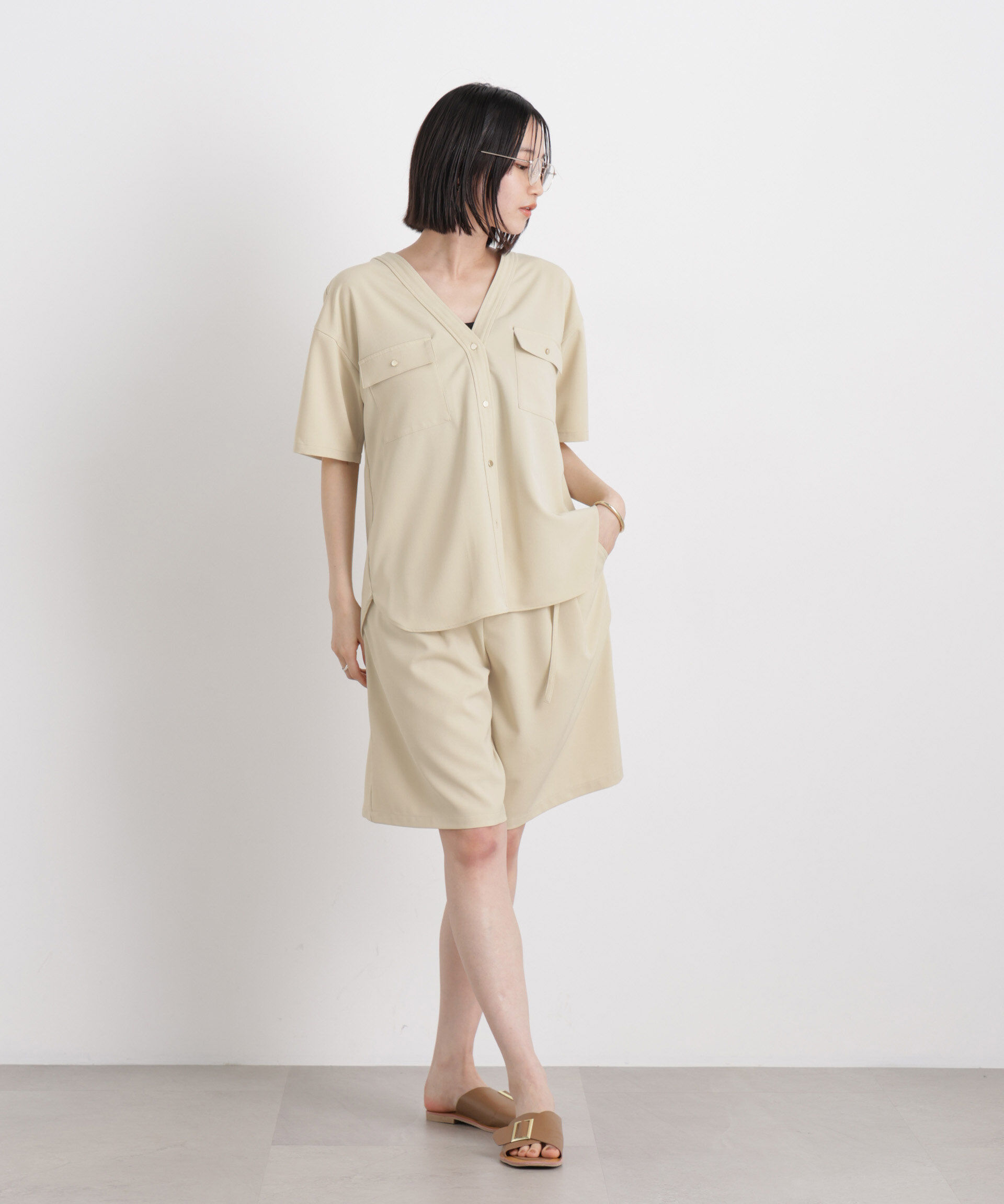 nano･universe「メランジストレッチベルト付ハーフパンツ(セットアップ可)」|チノ|