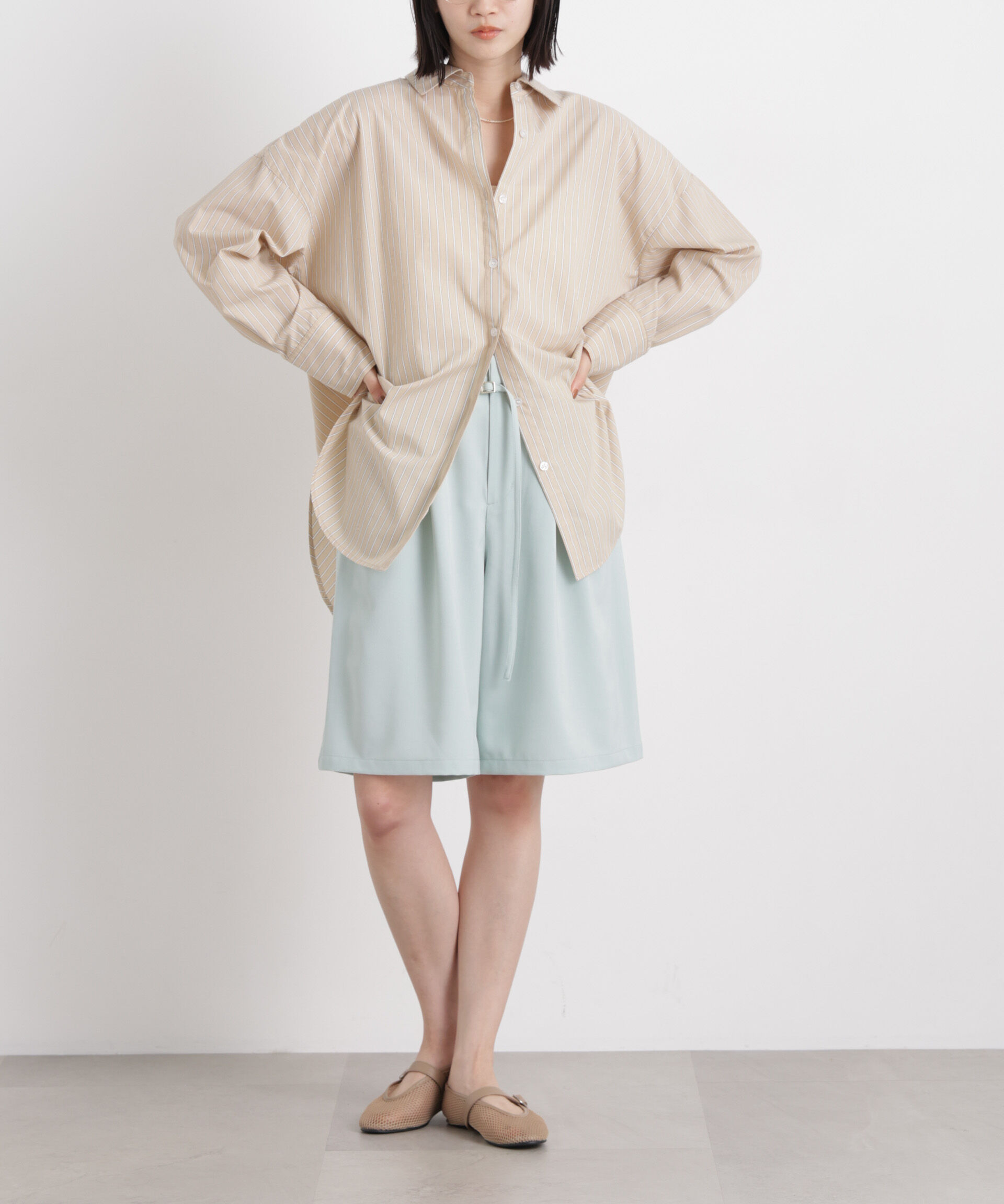 nano･universe「メランジストレッチベルト付ハーフパンツ(セットアップ可)」|チノ|グリーン