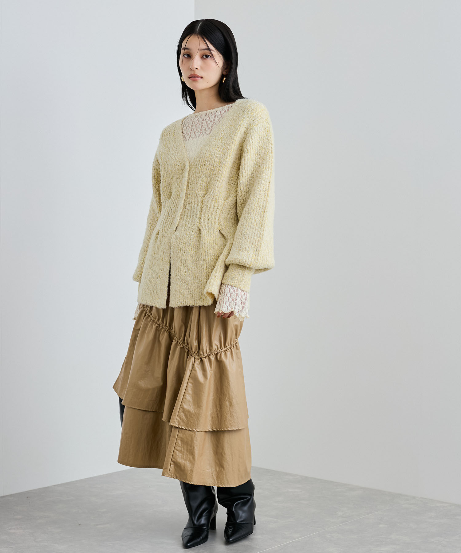 VIS「チンツ加工ギャザーロングスカート」|スカート|