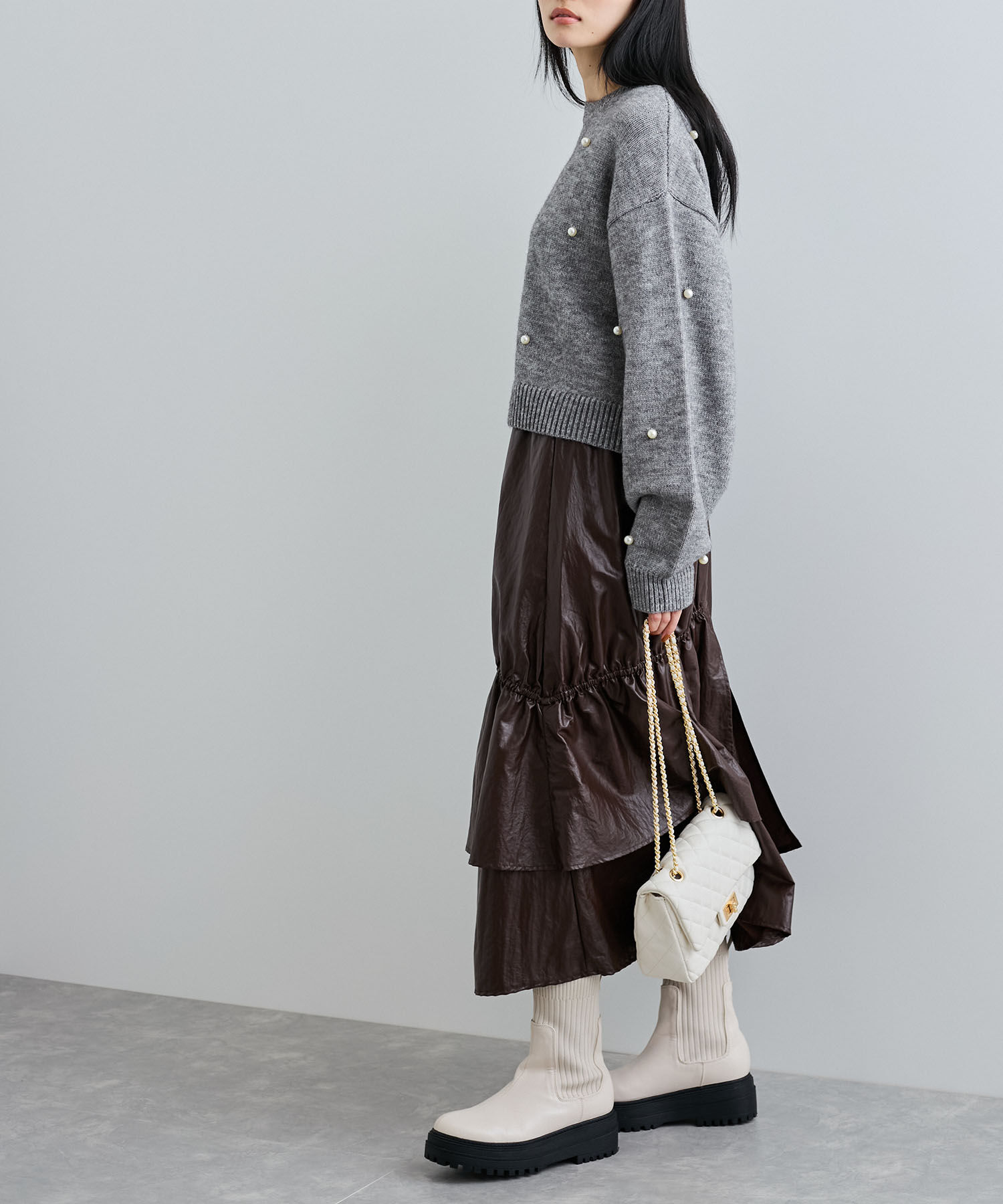 VIS「チンツ加工ギャザーロングスカート」|スカート|