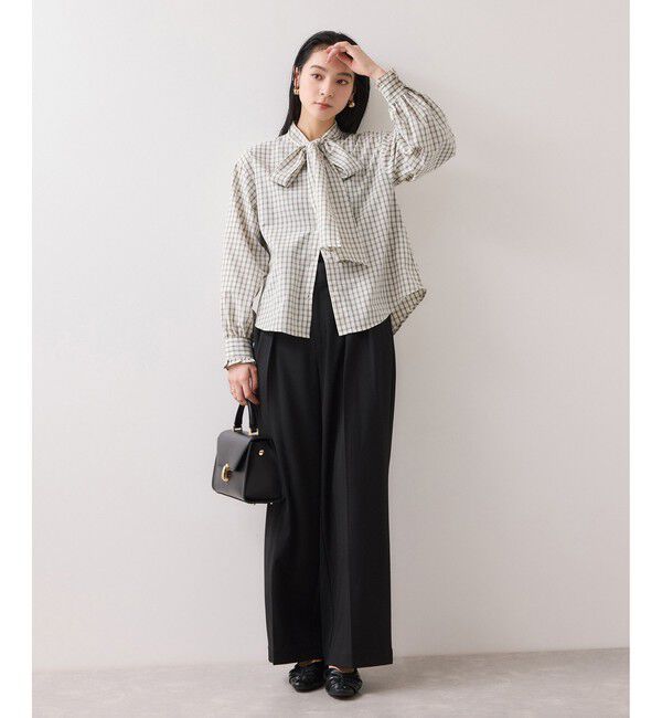 VIS「チェック＆デニムアソートボウタイリボン付きスタンドカラーシャツ」|シャツ・ブラウス|