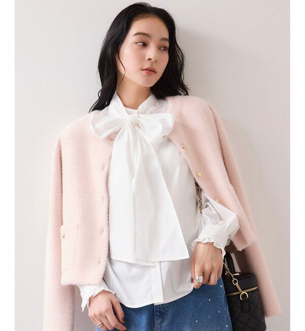 VIS「チェック＆デニムアソートボウタイリボン付きスタンドカラーシャツ」|シャツ・ブラウス|