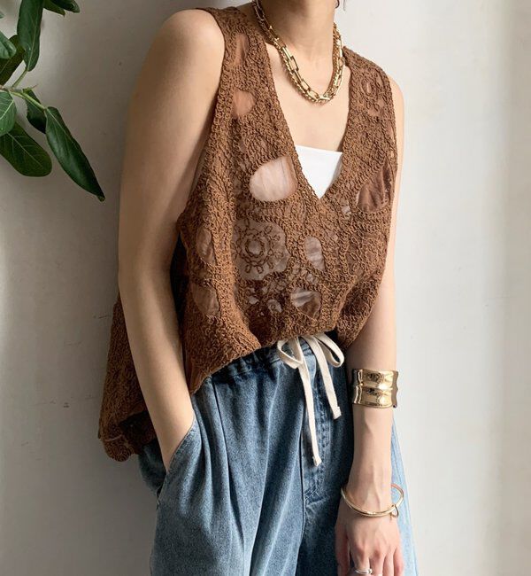  「刺繍前後2WAYレースタンク」|シャツ・ブラウス|キャメル