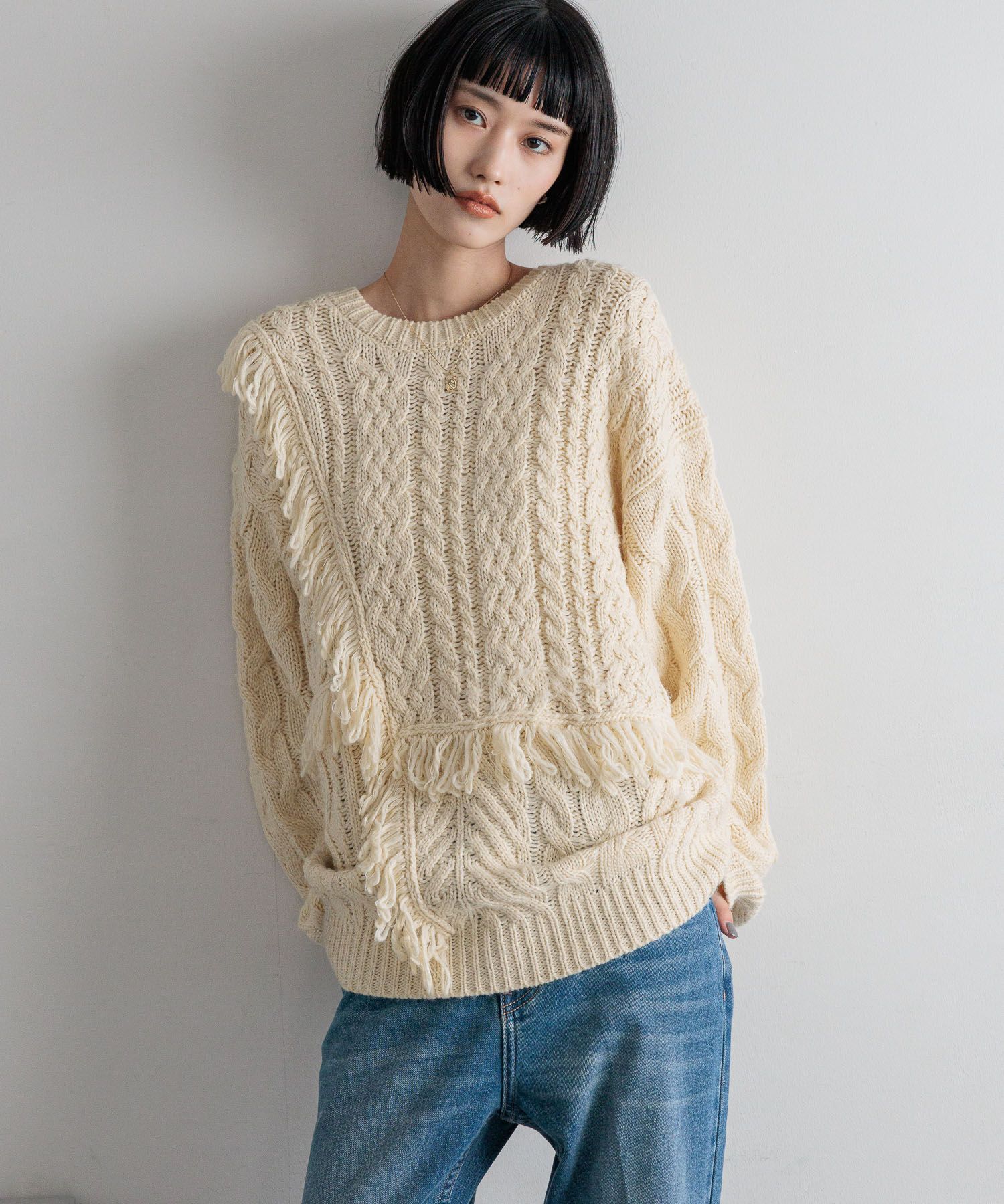 LOWRYS FARM「ケーブルフリンジLONG丈」|ニット・セーター|