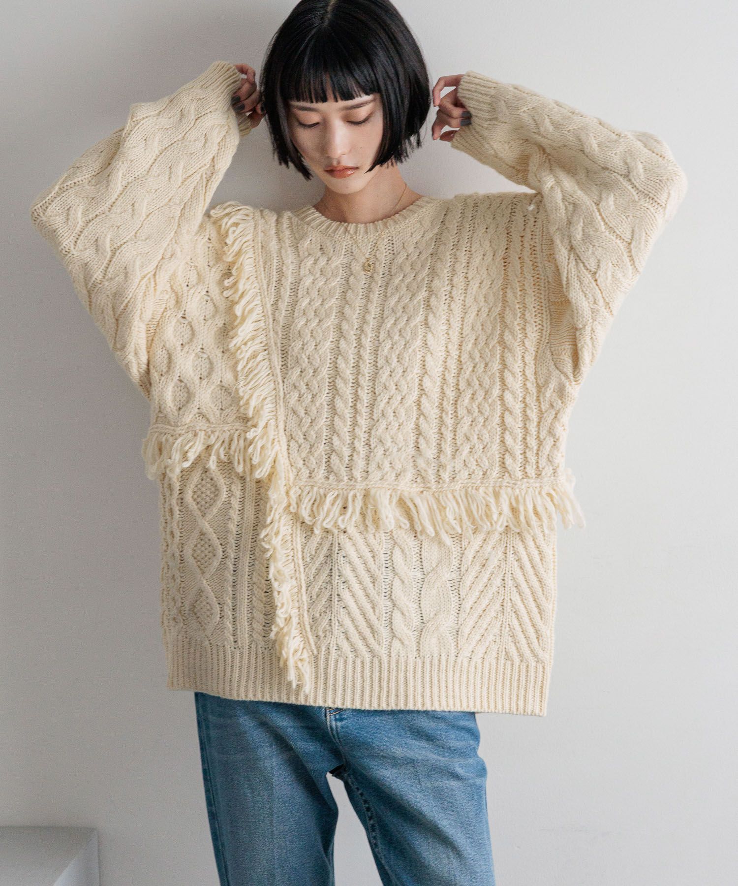 LOWRYS FARM「ケーブルフリンジLONG丈」|ニット・セーター|