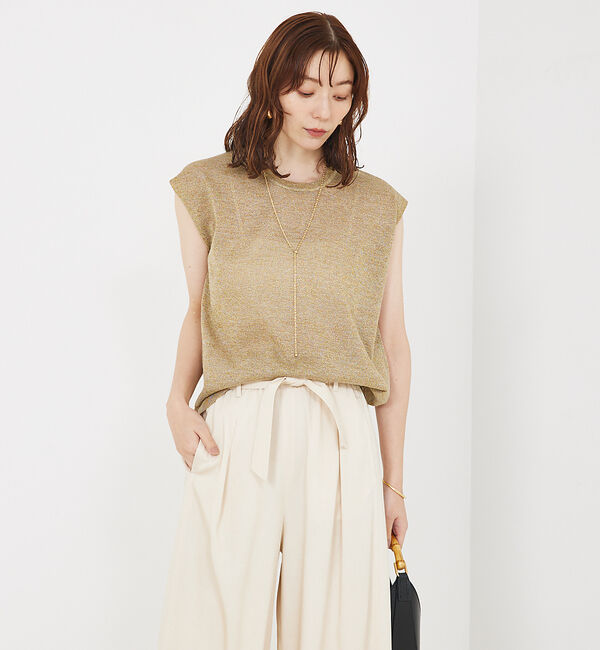 qualite「【大人の上品なシアー】ラメクルーネックニット」|キャミソール|ゴールド