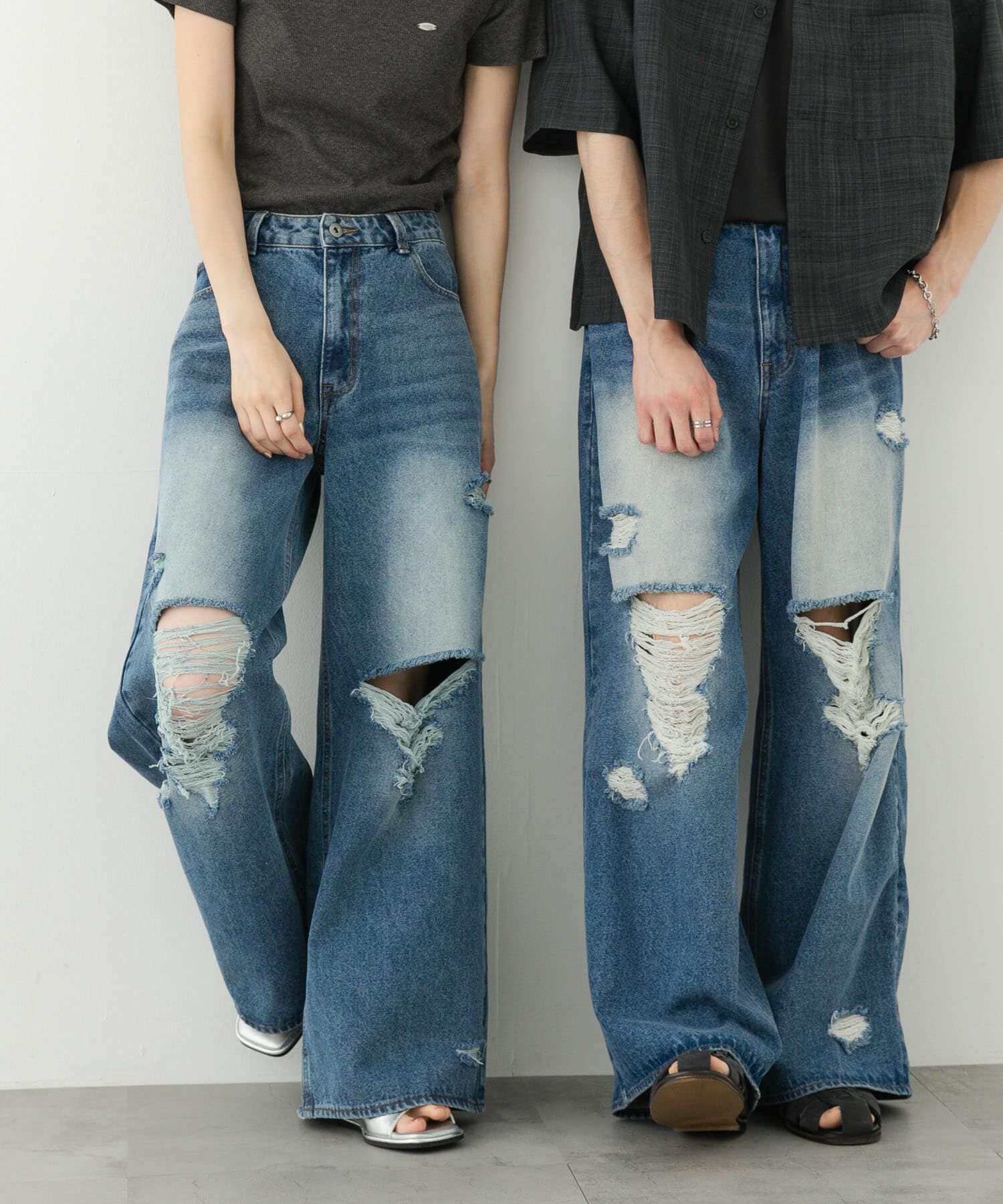 SENSE OF PLACE by URBAN RESEARCH「『ユニセックス』ダメージデニムワイドパンツ」|デニム|