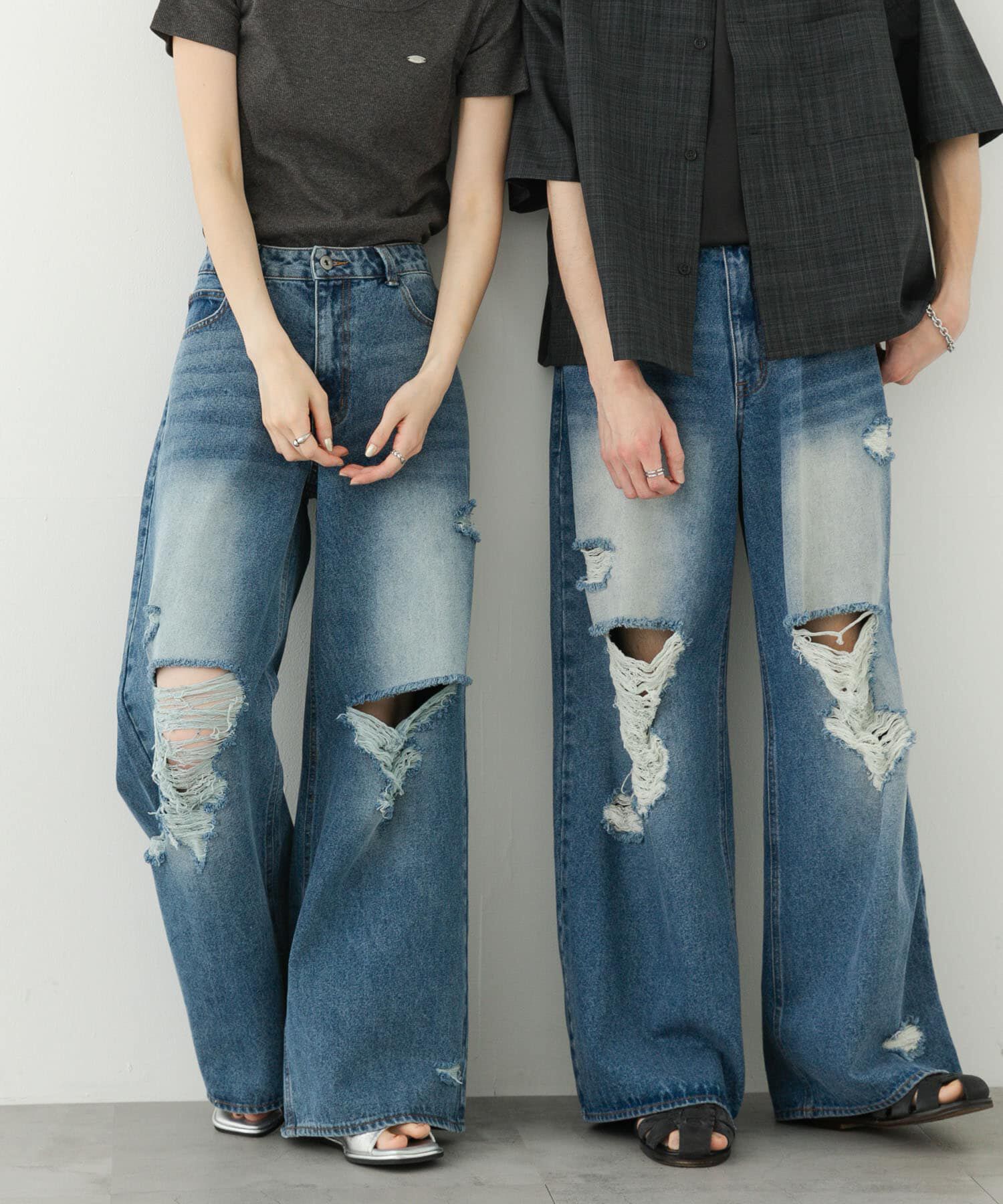 SENSE OF PLACE by URBAN RESEARCH「『ユニセックス』ダメージデニムワイドパンツ」|デニム|