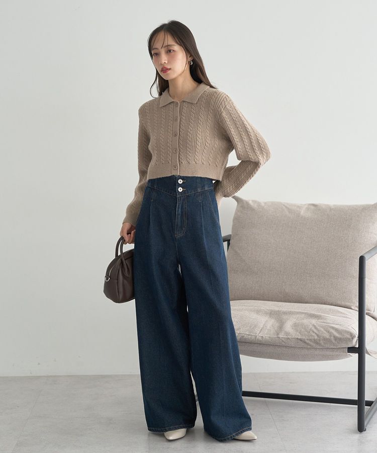 earth music&ecology「襟付きケーブルニットジャケット」|カーディガン|