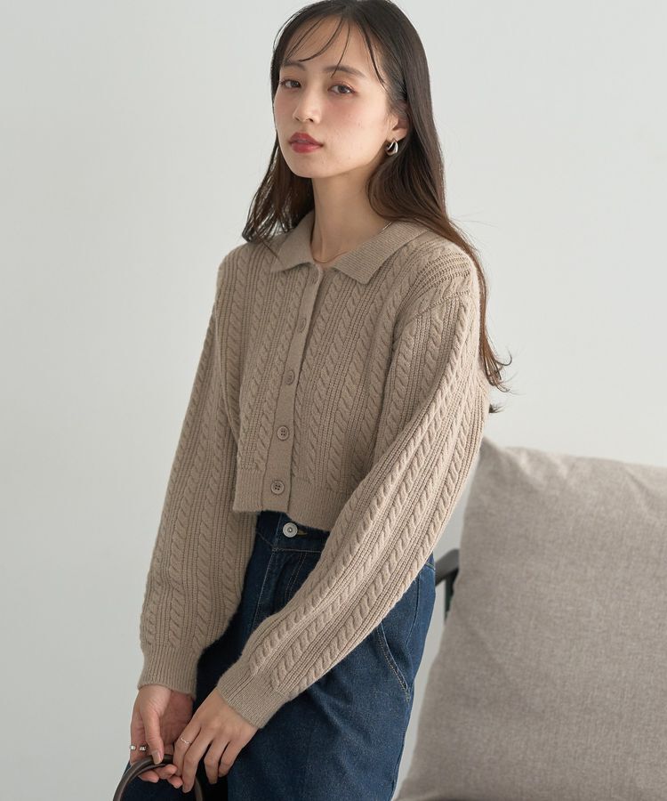 earth music&ecology「襟付きケーブルニットジャケット」|カーディガン|