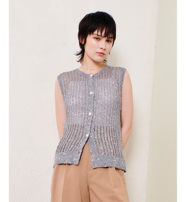 allureville「スパンコールメッシュプルオーバー」|ニット・セーター|グレー