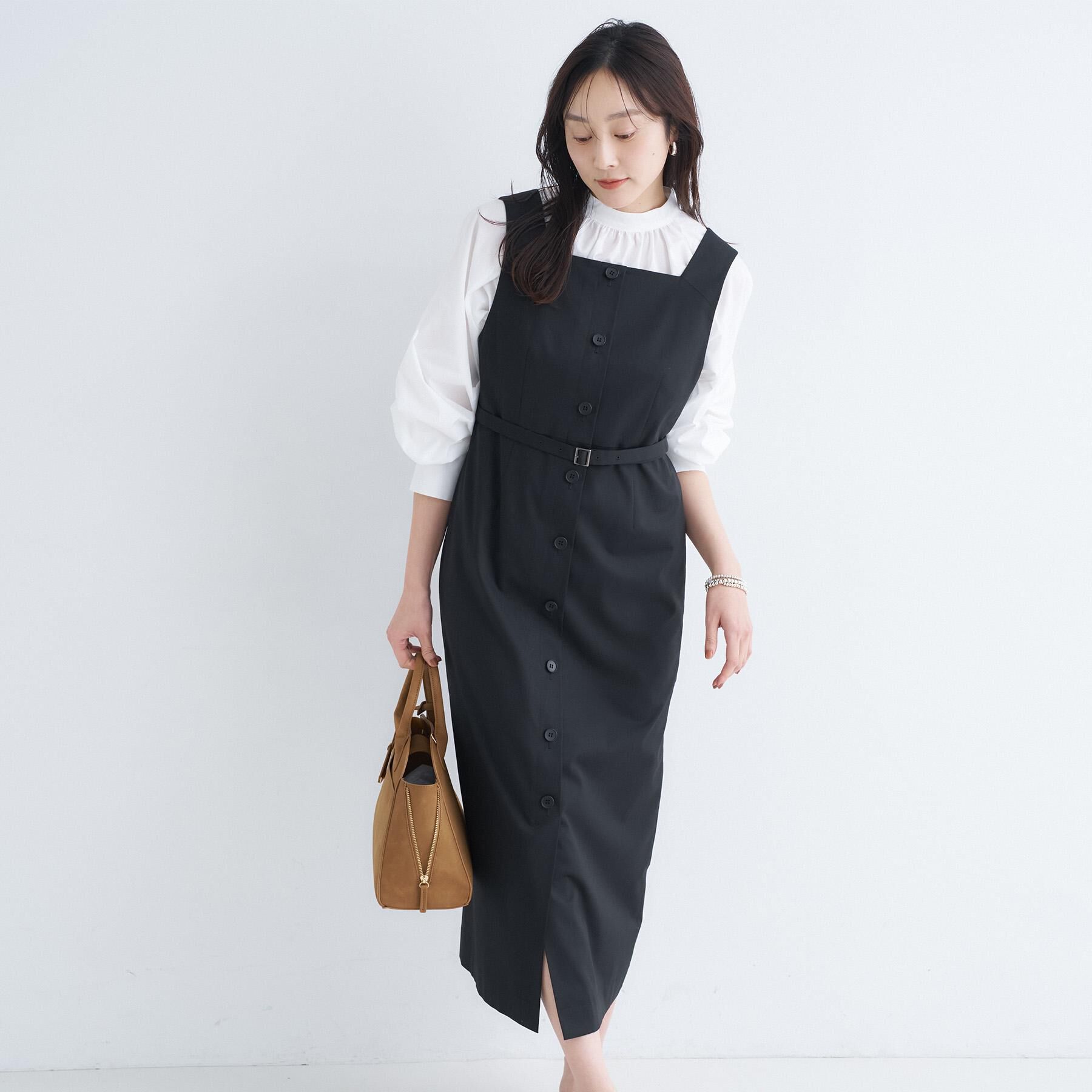 UNTITLED「【洗える/前開きワンピ】スクエアネックジャンパースカート」|ワンピース|