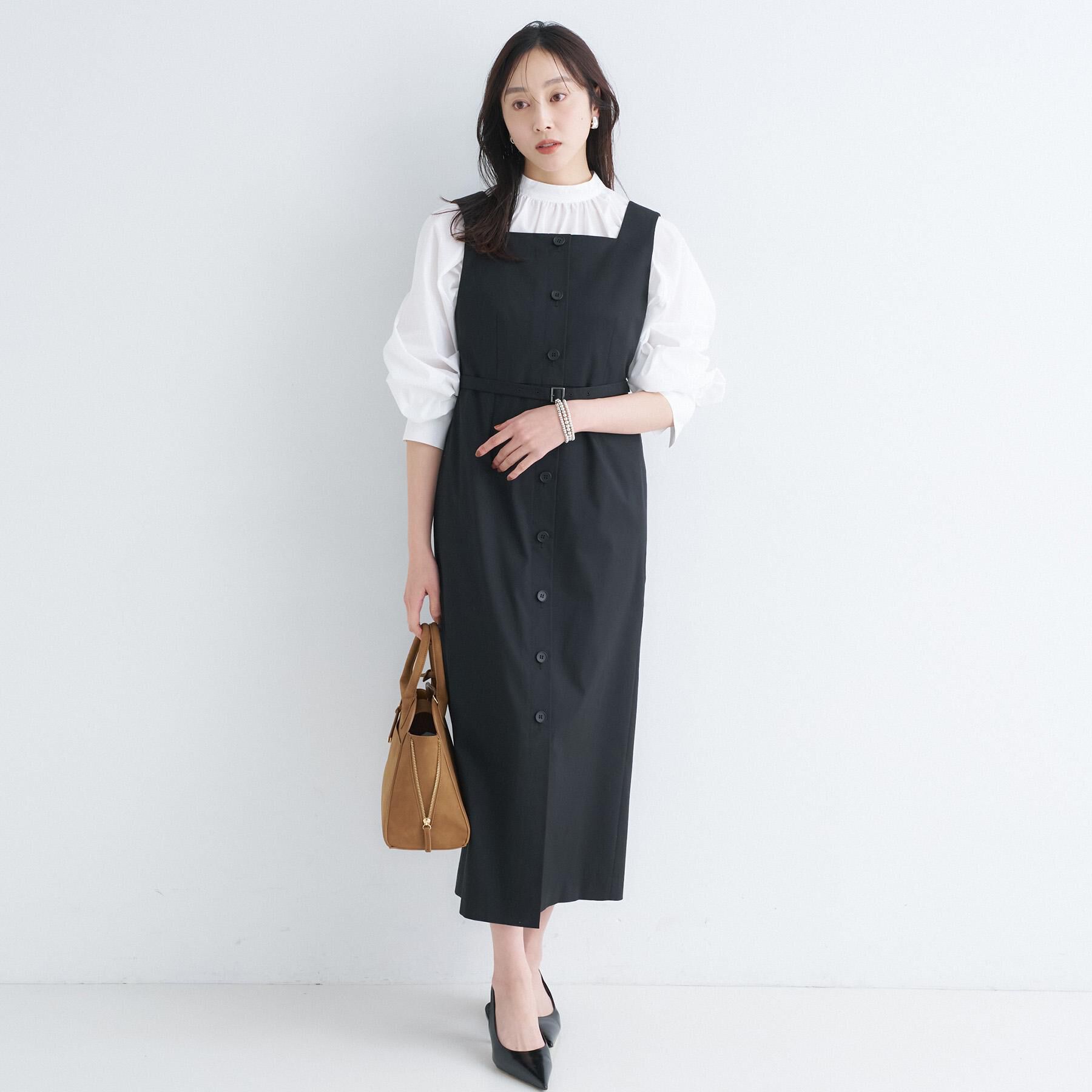 UNTITLED「【洗える/前開きワンピ】スクエアネックジャンパースカート」|ワンピース|