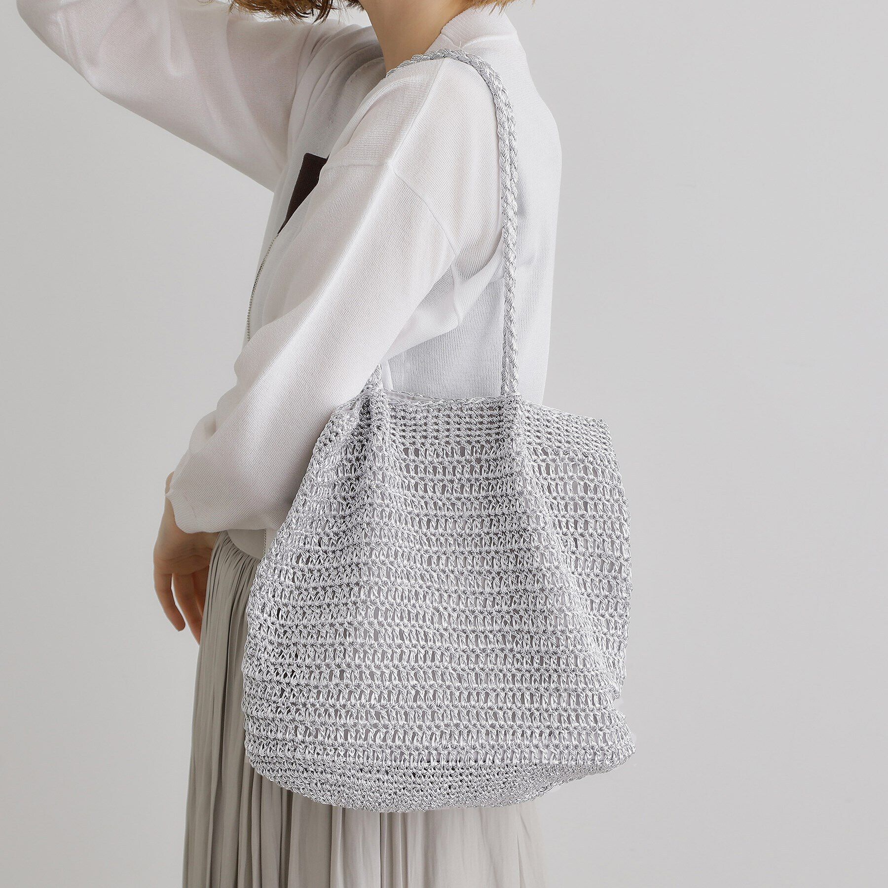 grove「ラメコードタックハンドルトート」|トートバッグ|シルバー(006)