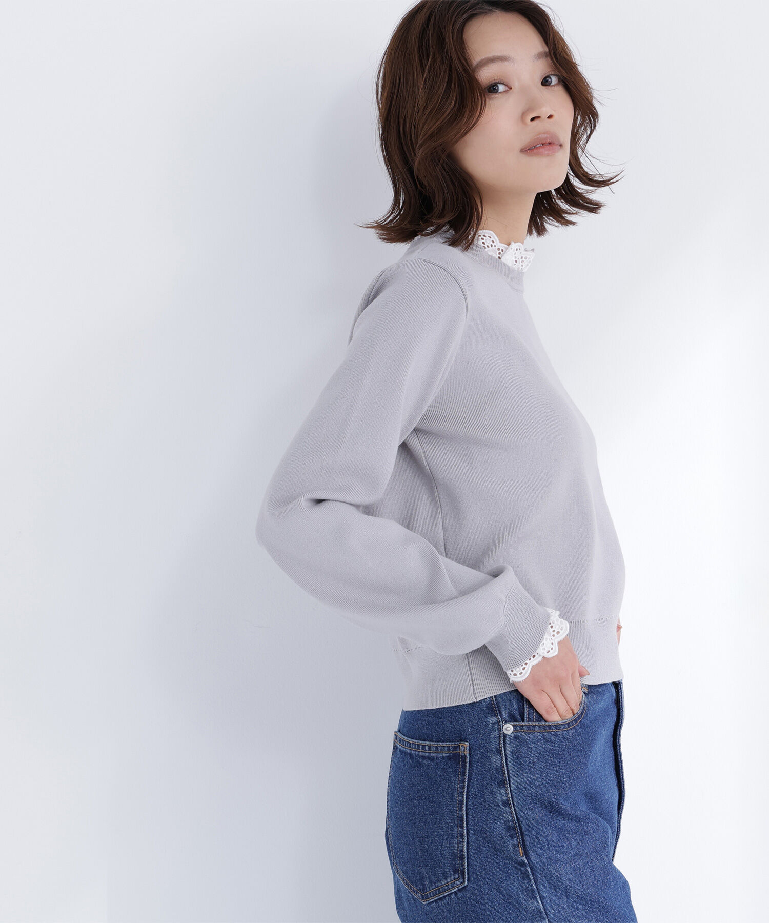  「レースフリルドッキングニット」|ニット・セーター|ライトグレー
